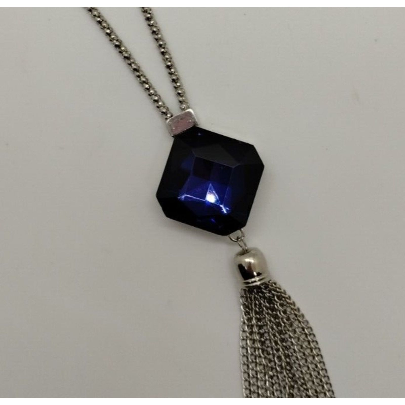 Vintage Cara NY Long Silver Tone Necklace -Blue Glass Pendant Size ONE SIZE - 1 Thumbnail