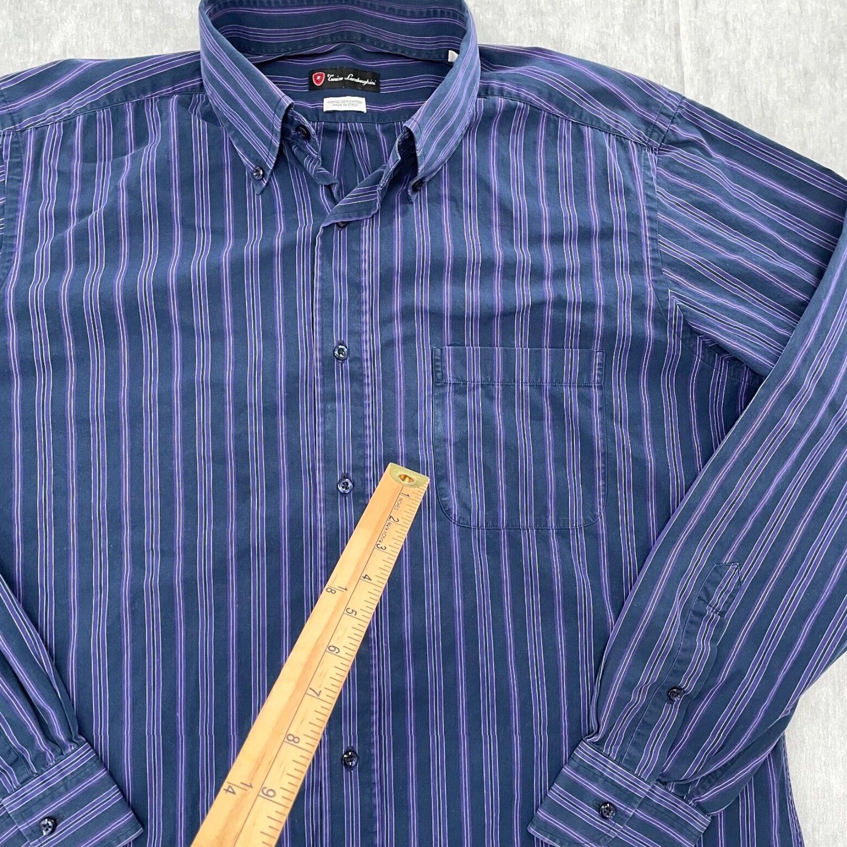 Lamborghini Tonino Lamborghini Shirt Adult 16/41 Blue Purple Striped Button-Up Long Sleeve Men Regular 16/41 Cars Collection 90s? (Note: This is uncertain) Size US L / EU 52-54 / 3 - 6 Thumbnail