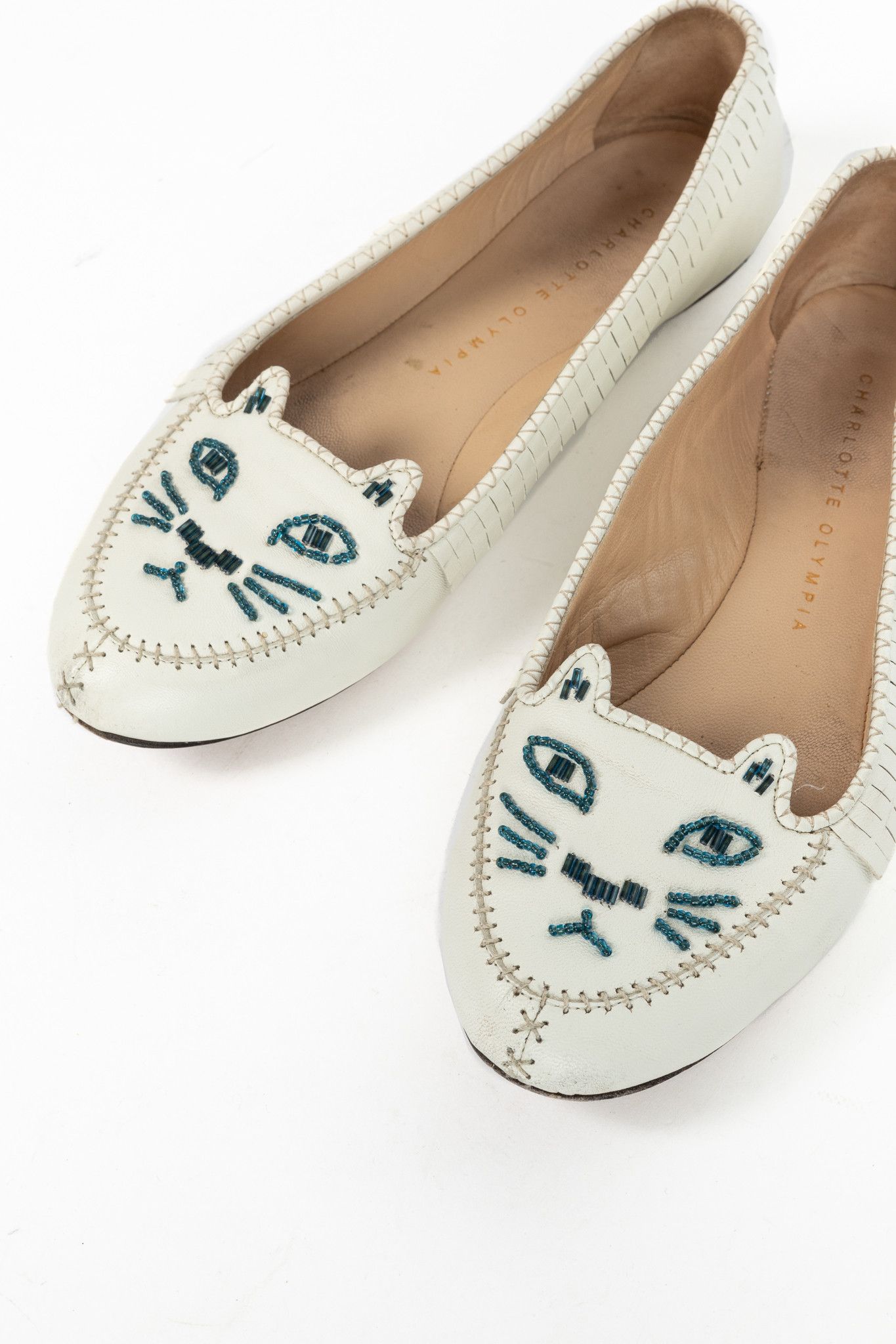 Charlotte Olympia Charlotte Olympia Kitty White Leather Beaded Fringe Flats Size US 7 / IT 37 - 7 Thumbnail