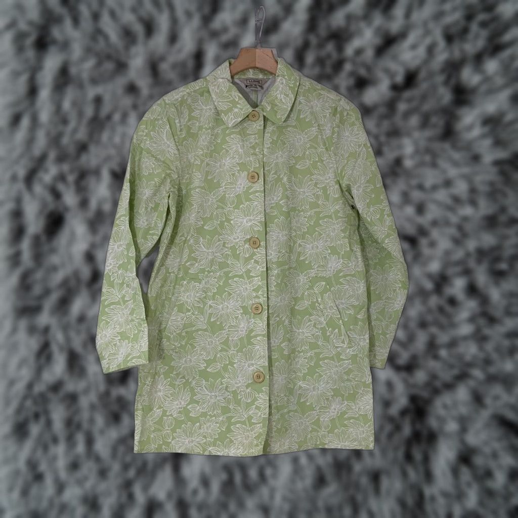 Vintage L.L. Bean Women's Short Trench Coat Sz Small Spring Cotton Lime Green Floral Pattern Casual Jacket Size 28" / US 6 / IT 42 - 1 Thumbnail