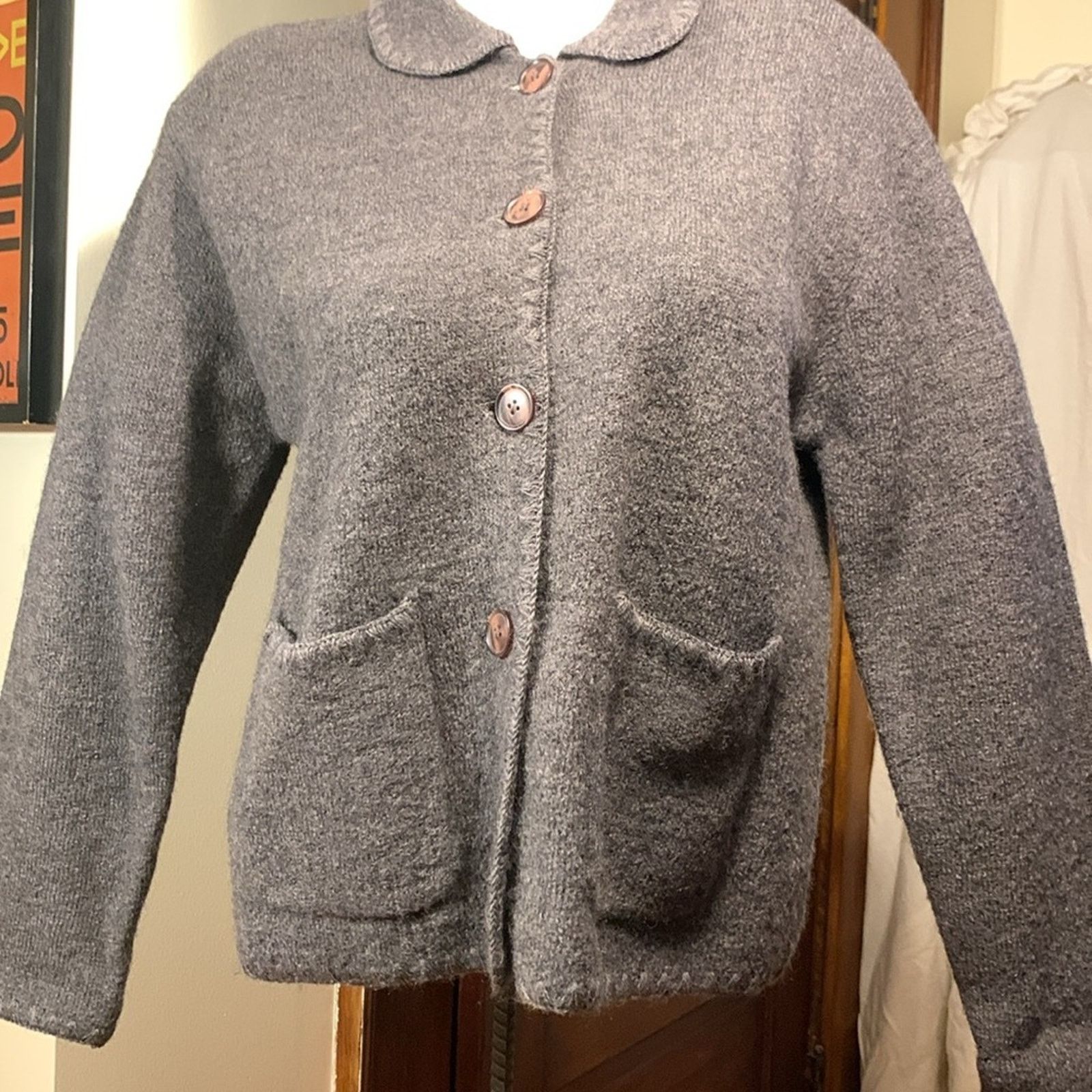 Squaw Valley gray wool cardigan sweater with whipstitch trim