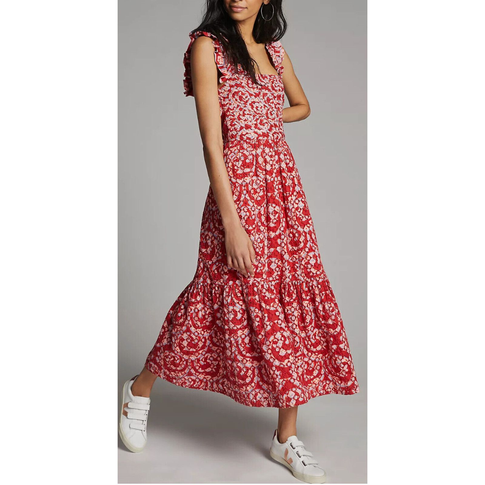 image of Anthropologie Atelier 17.56 Colombia Amal Eyelet Midi Dress in Red, Women's (Size 2XL)