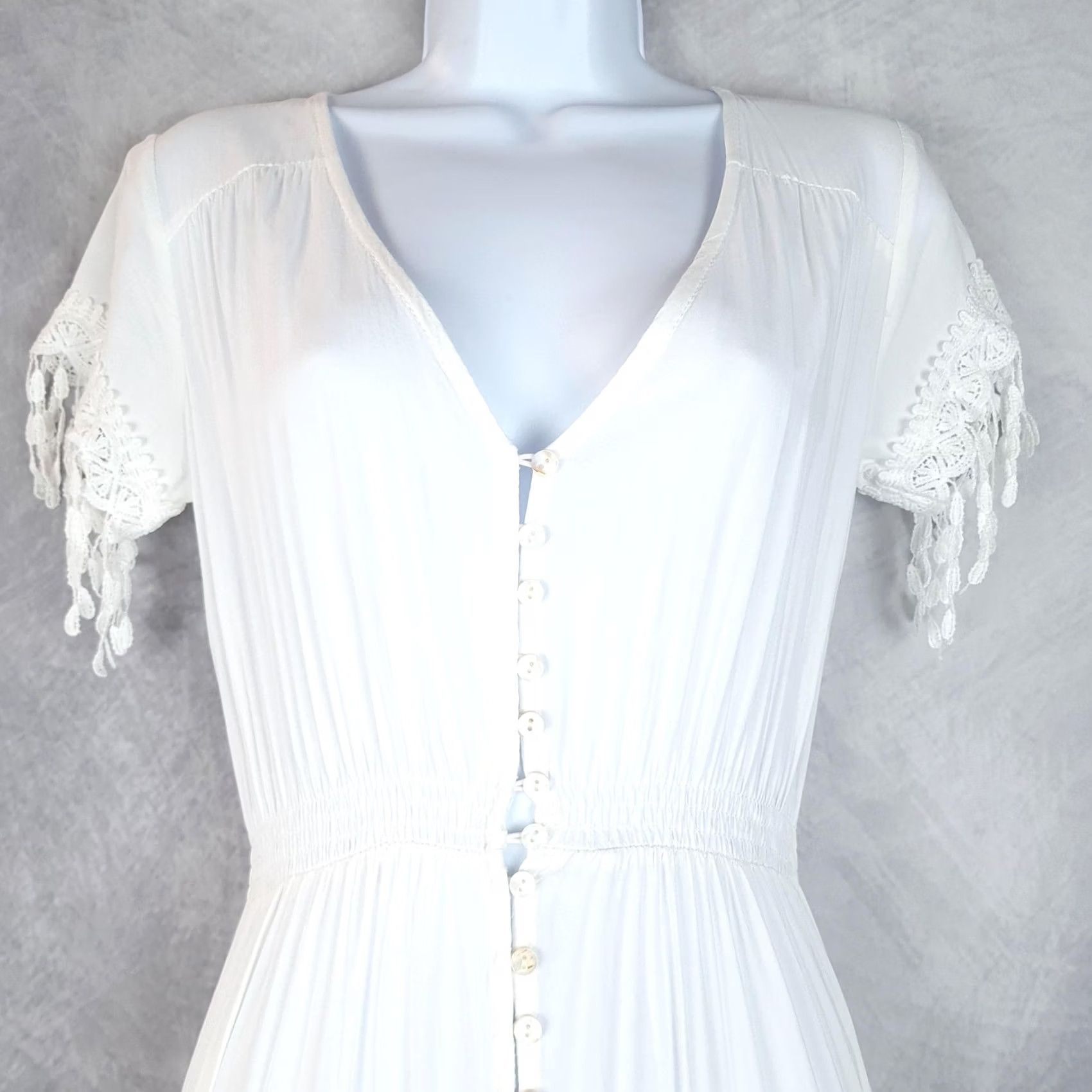 Vintage Jaase Dress Womens XS White Boho Maxi Button Front Smocked Tassel Fringe Size XS / US 0-2 / IT 36-38 - 2 Thumbnail