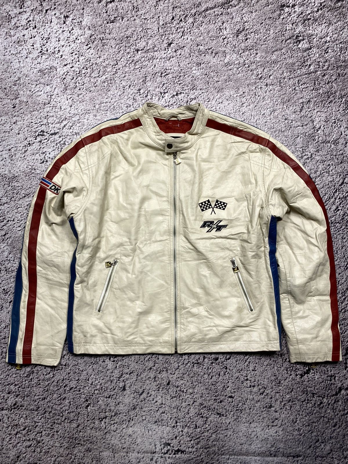 image of Leather Jacket x Racing Vintage Leather Dakota Racing Jacket Nascar Formula 1 in White (Size XL)