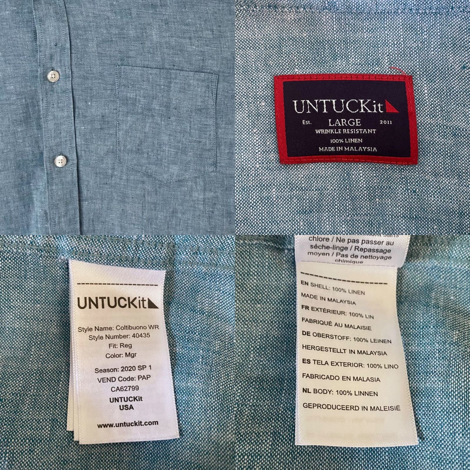UNTUCKit UNTUCKit Button-Down Linen Shirt Men’s Large Blue Long Sleeve Business Casual Size US L / EU 52-54 / 3 - 8 Thumbnail