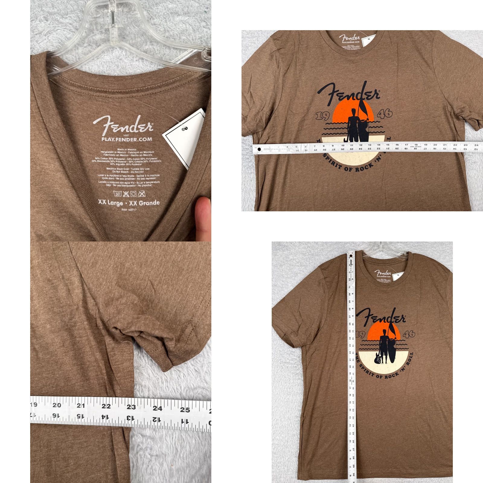 Fender Fender Shirt Men 2XL Brown Spirit Of Rock And Roll Guitar T-Shirt 2XL Mens Summer All Seasons Rock Beach Sunset Tags Size US XXL / EU 58 / 5 - 8 Thumbnail