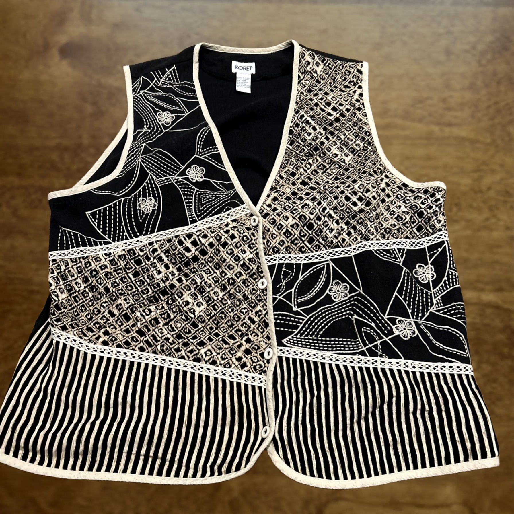 Vintage Koret Vest Button Up Black 20W Polyester Blend Embroidered Bohemian Geometric Mid-Length Womens Plus Size Vest B26 Size 3XL / US 20-22 - 1 Thumbnail