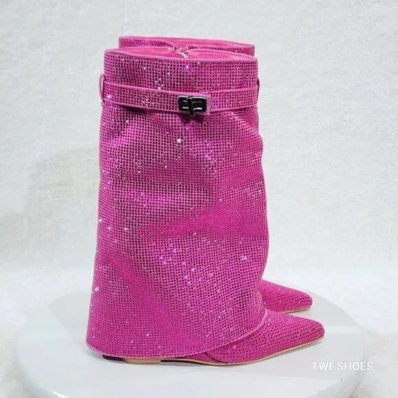 Other Betty Sparkling Pink Rhinestone Skirted Fold Over Calf Boots Size US 6 / IT 36 - 3 Thumbnail