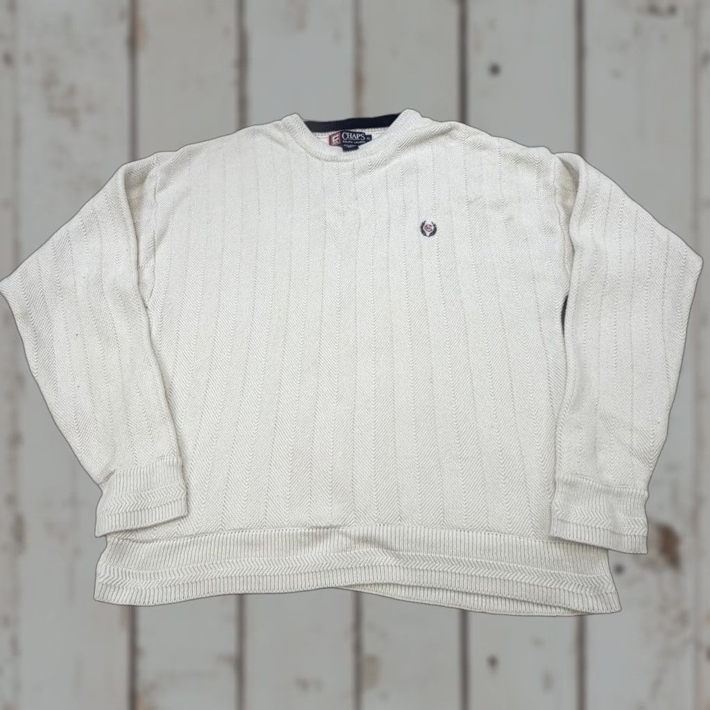 VINTAGE Chaps Ralph Lauren Sweater Mens XL White Cotton Knit Crest USA 90s