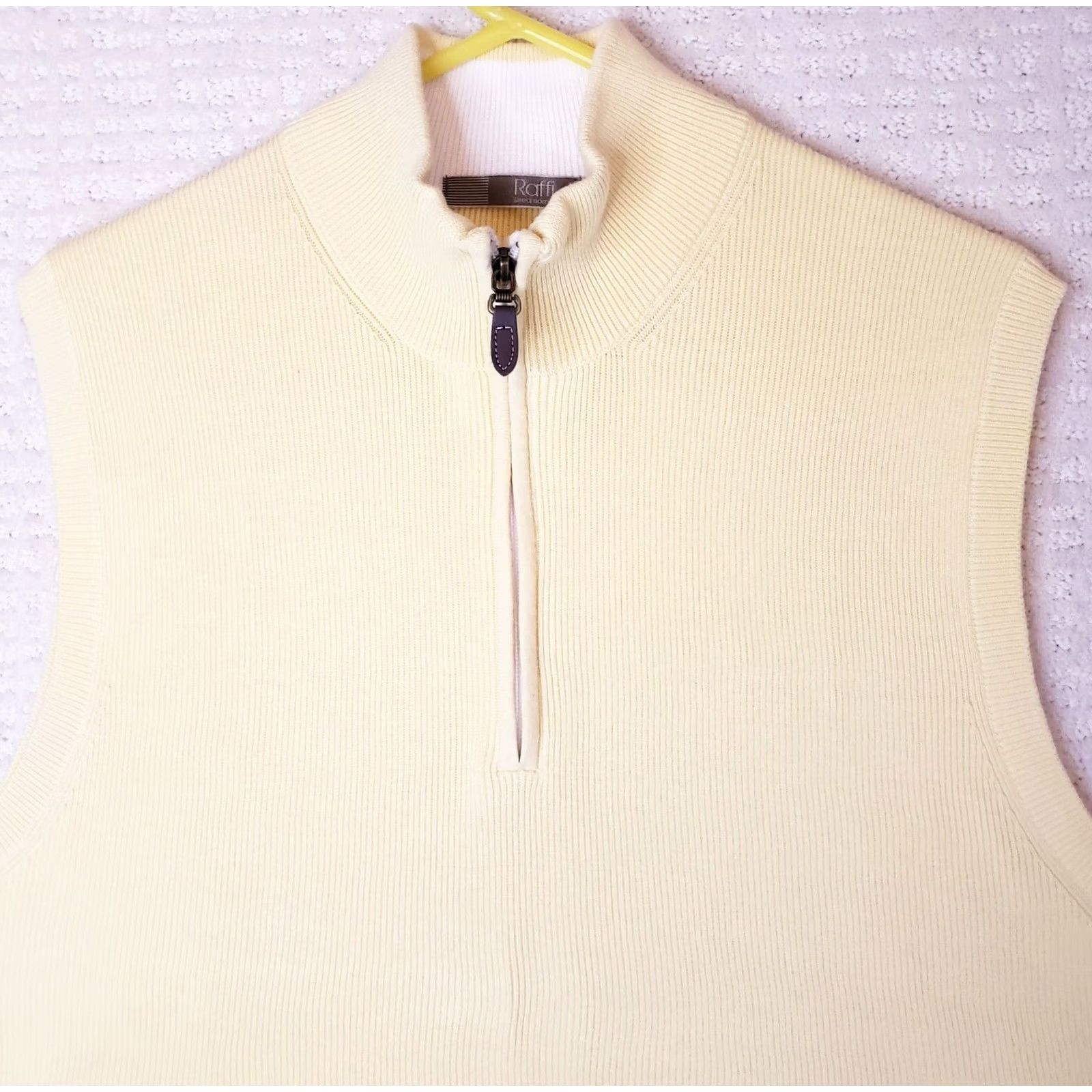 Vintage Raffi Sweater Mens L Yellow Zip Ribbed Knit Cotton Vest Mock Neck Leather Size US L / EU 52-54 / 3 - 3 Thumbnail