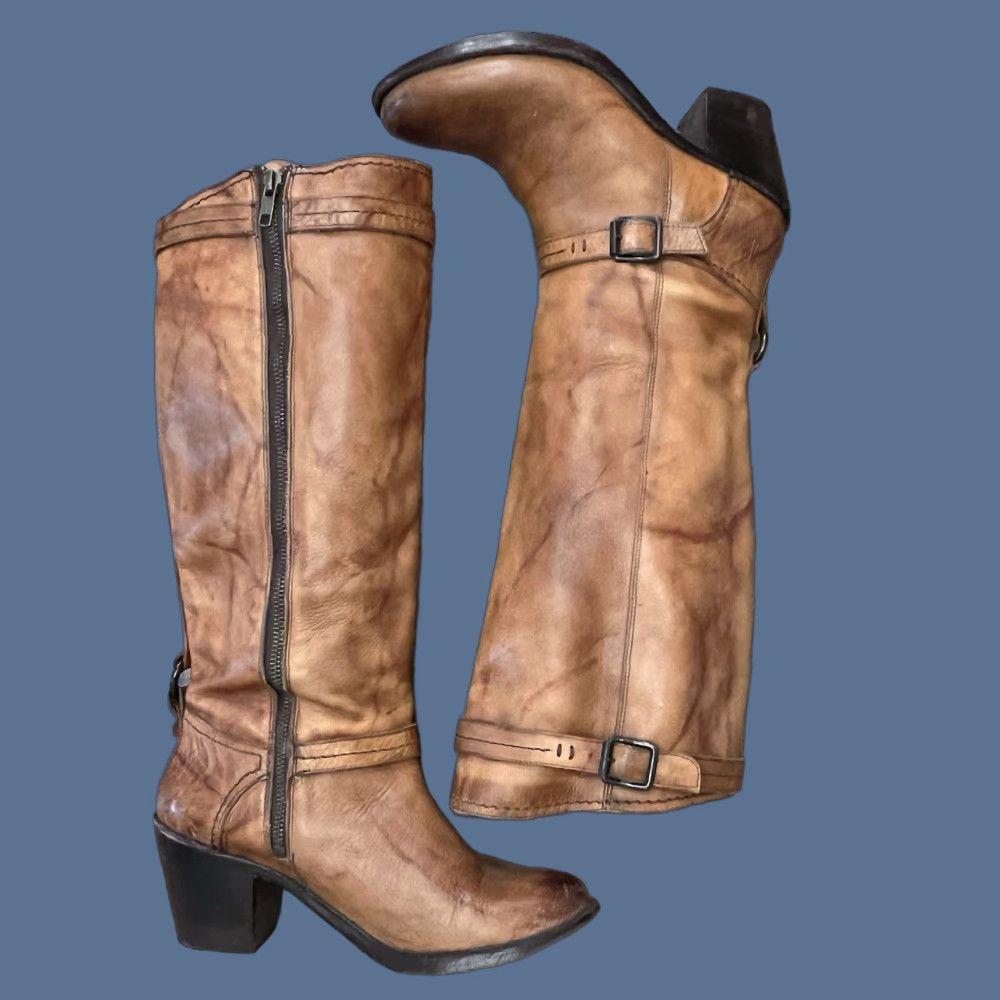 Frye FRYE Carmen Harness Tall Boot Leather Riding Biker Boots Womens 8 C Brown Leather Block Heel Knee High 2-3in Size US 8 / IT 38 - 1 Thumbnail