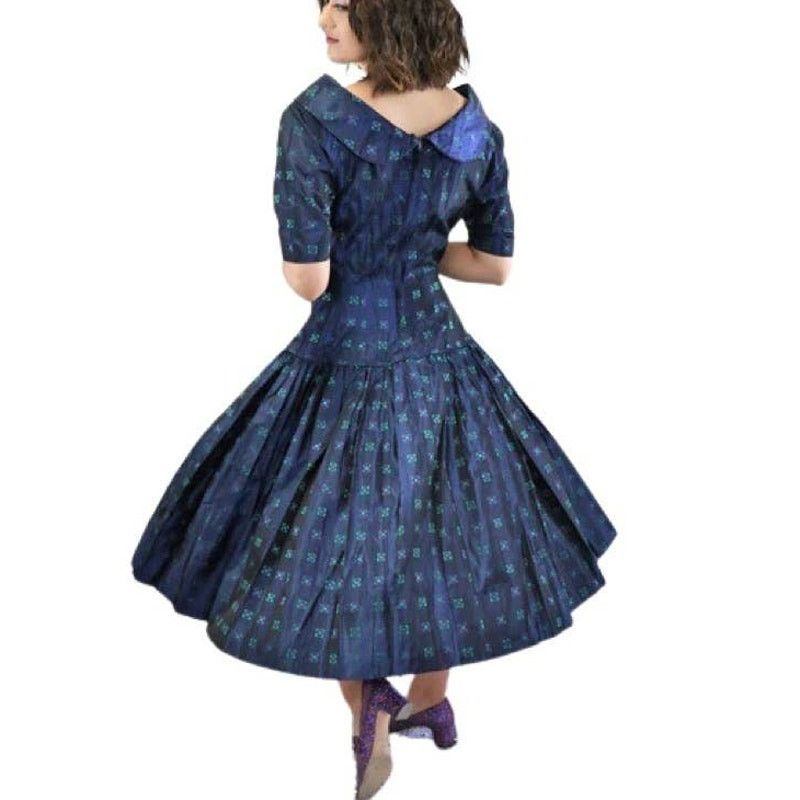 1950s Navy Blue Day Dress Purple Green Geometric Print Small