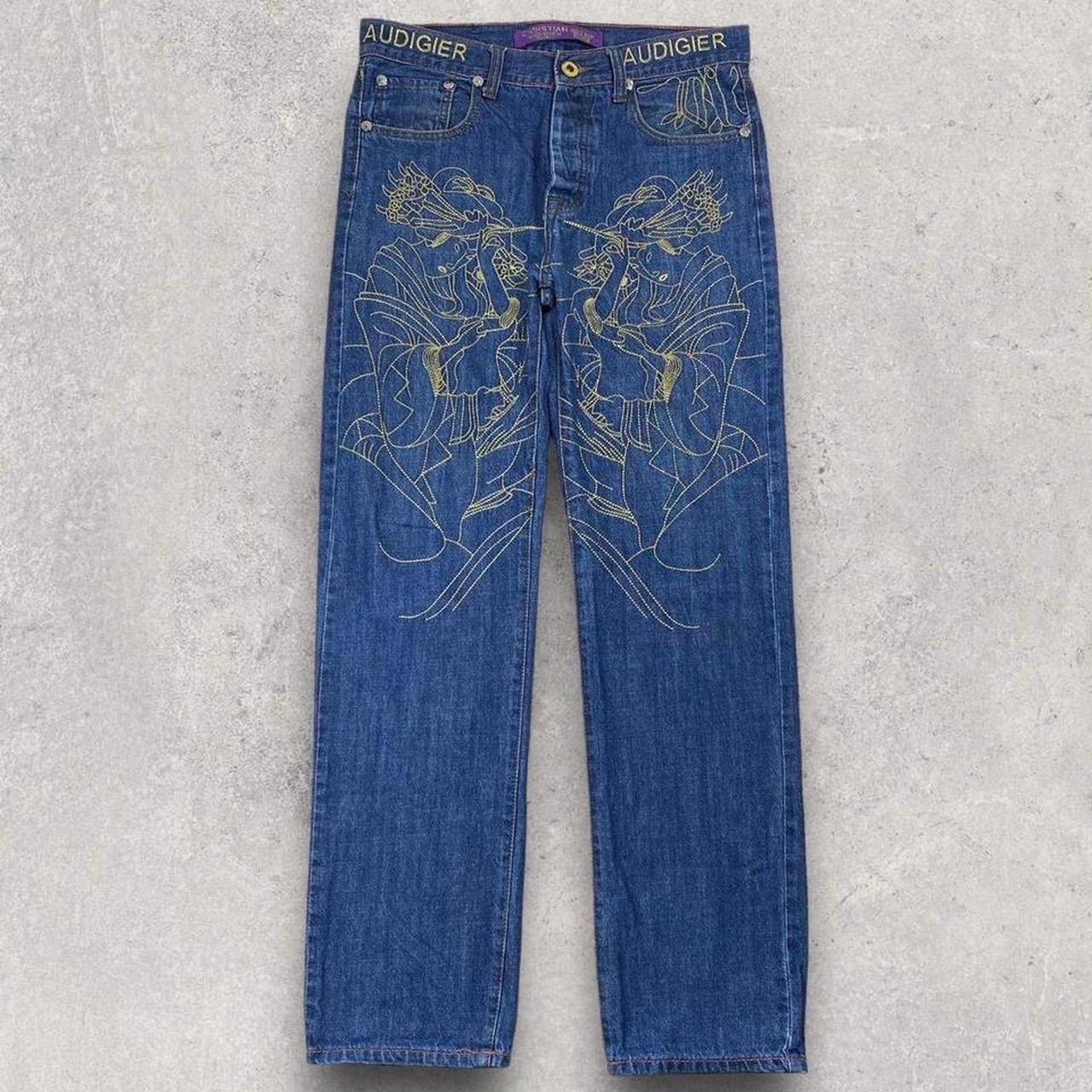 image of Ed Hardy Christian Audigier Geisha Embroidered Denim Jeans in Blue, Men's (Size 33)