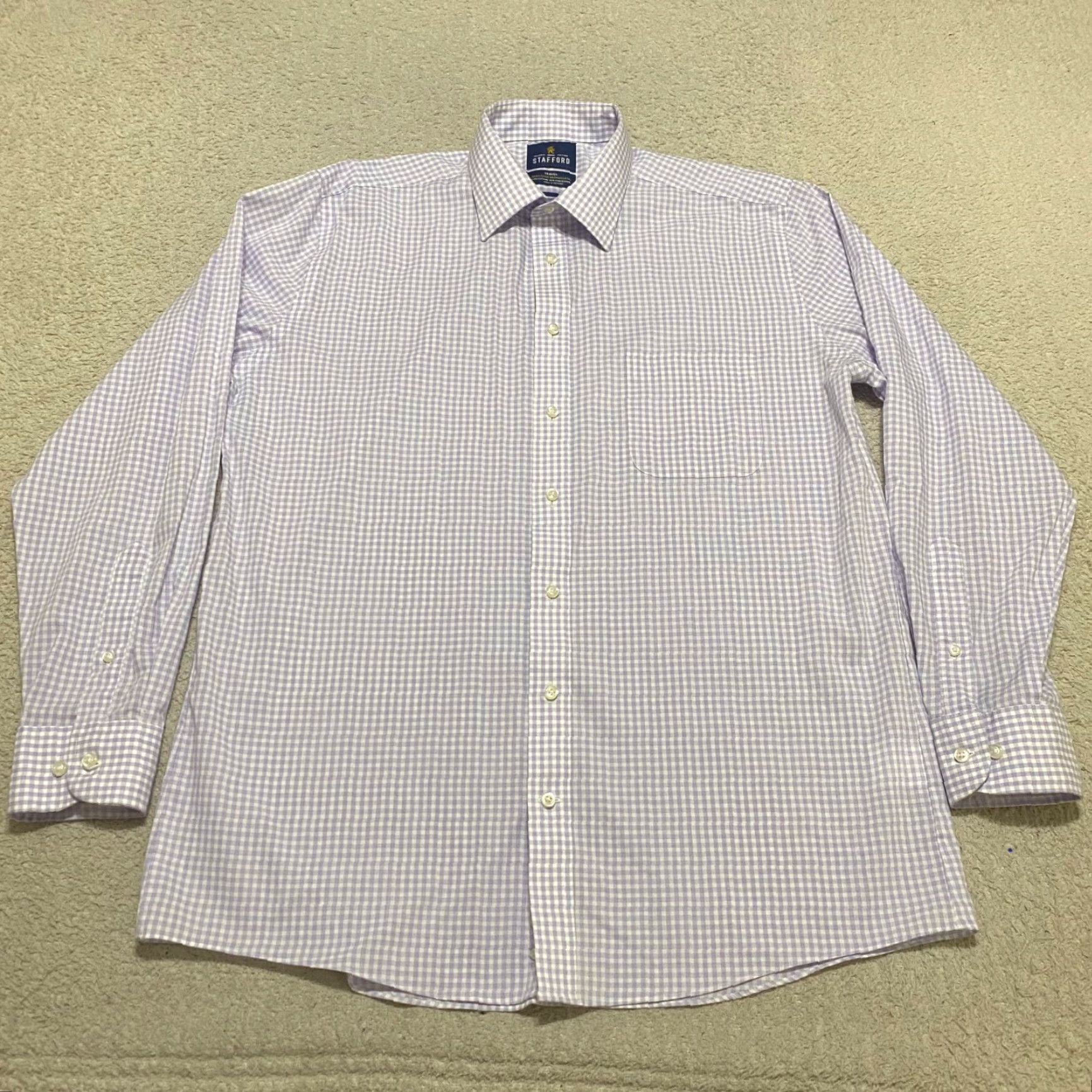 Stafford Stafford Dress Shirt Purple Plaid Long Sleeve Button-Front Fitted Mens 16.5 Classic Business Casual Travel Cotton Polyester Size 46R - 2 Thumbnail