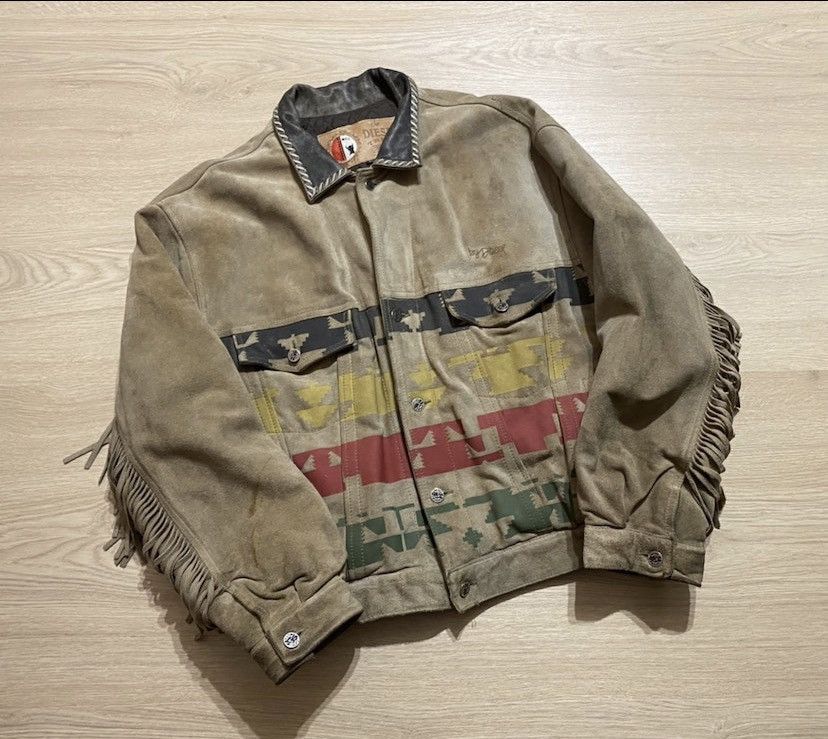 image of Vintage 80-90’S Diesel Leather Cowboy Western Aztec Jacket in Brown, Men's (Size XL)