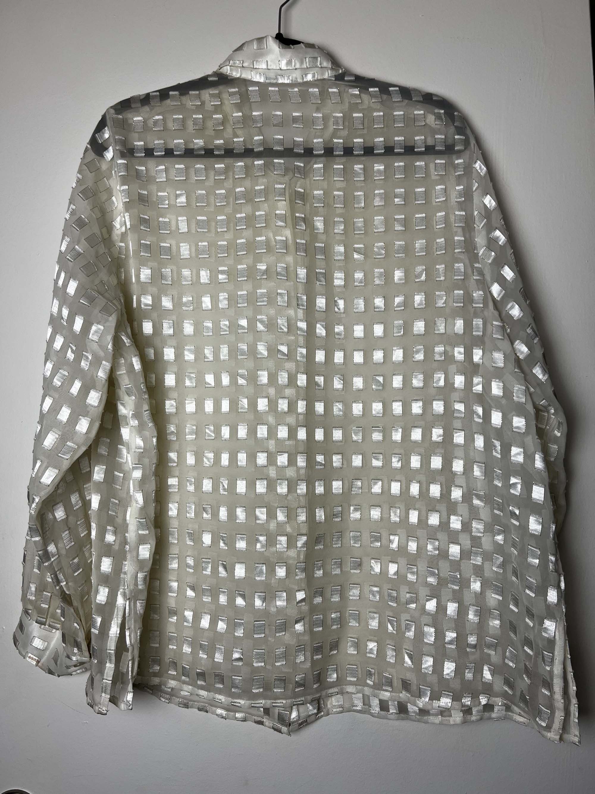 Vintage Vintage 1980's White Gold Block Patterned Sheer Button Up Size L / US 10 / IT 46 - 8 Thumbnail