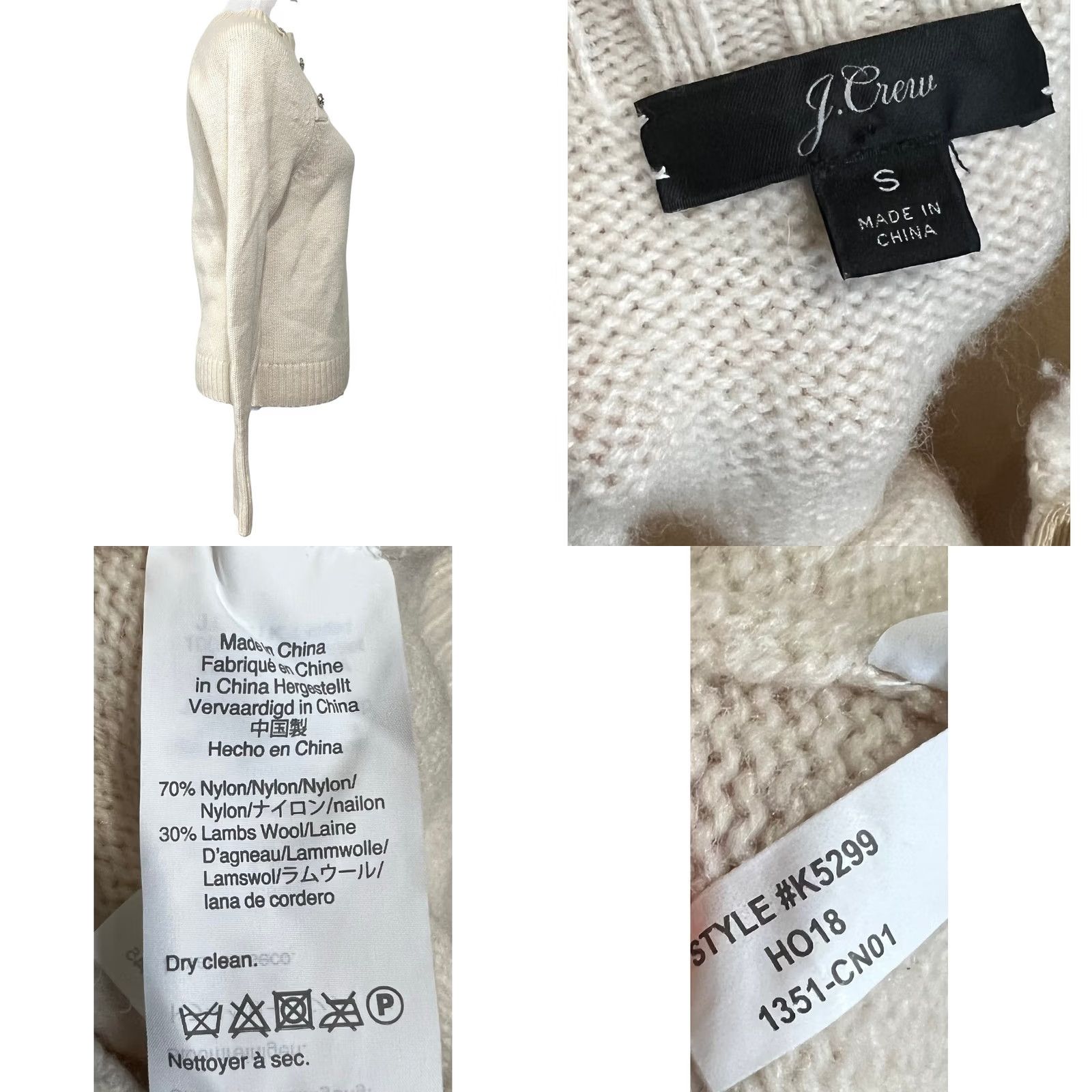 J.Crew J.CREW Ivory Wool Blend Women’s Small Crewneck Sweater With Jeweled Buttons Crew Neck Pullover Long Sleeve Knit Size S Coral Cream Womens Size S / US 4 / IT 40 - 8 Thumbnail