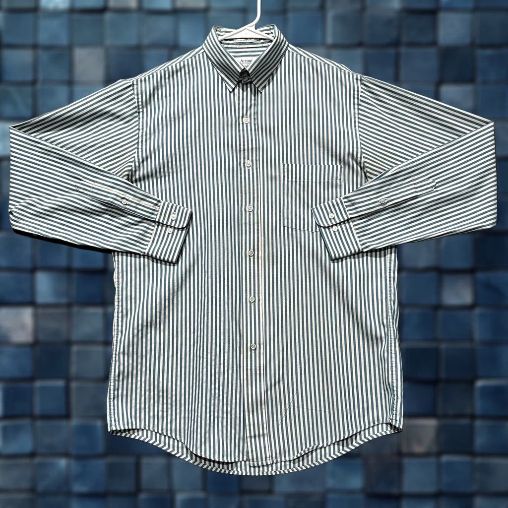 Arrow VINTAGE Arrow Shirt Mens M Striped Button-Up Collared 60s Green Cotton Polyester USA Size US M / EU 48-50 / 2 - 1 Thumbnail
