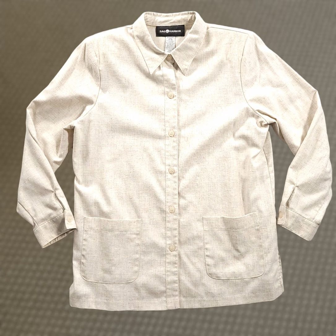 Vintage Sag Harbor Womens 14 Linen Blend Tan Beige Button-Up Top Shoulder Pads Pockets Shirt Casual Womens Size XL / US 12-14 / IT 48-50 - 1 Thumbnail