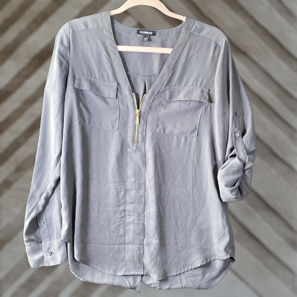 Express Express Blouse Gray V-Neck Zipper Roll Tab Sleeve Small Womens Size S / US 4 / IT 40 - 1 Thumbnail