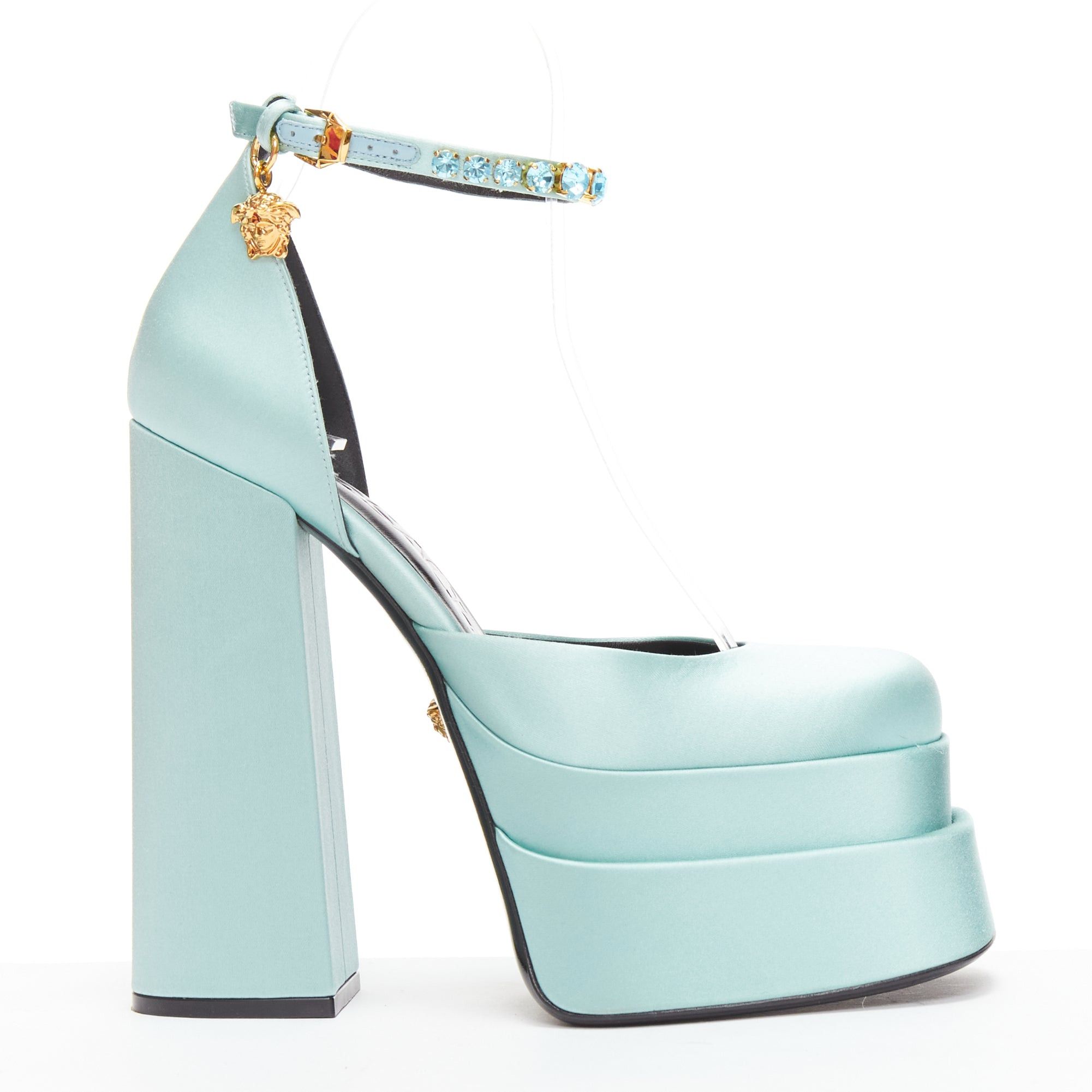 VERSACE Medusa Aevitas sky blue satin Medusa charm platform heels