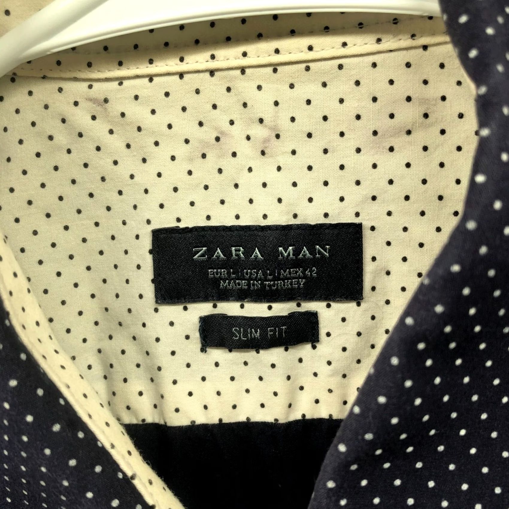 Zara Zara Slim Fit Dress Shirt Mens L Navy Blue White Polka Dot Long Sleeve Button Up Size 42R - 5 Thumbnail
