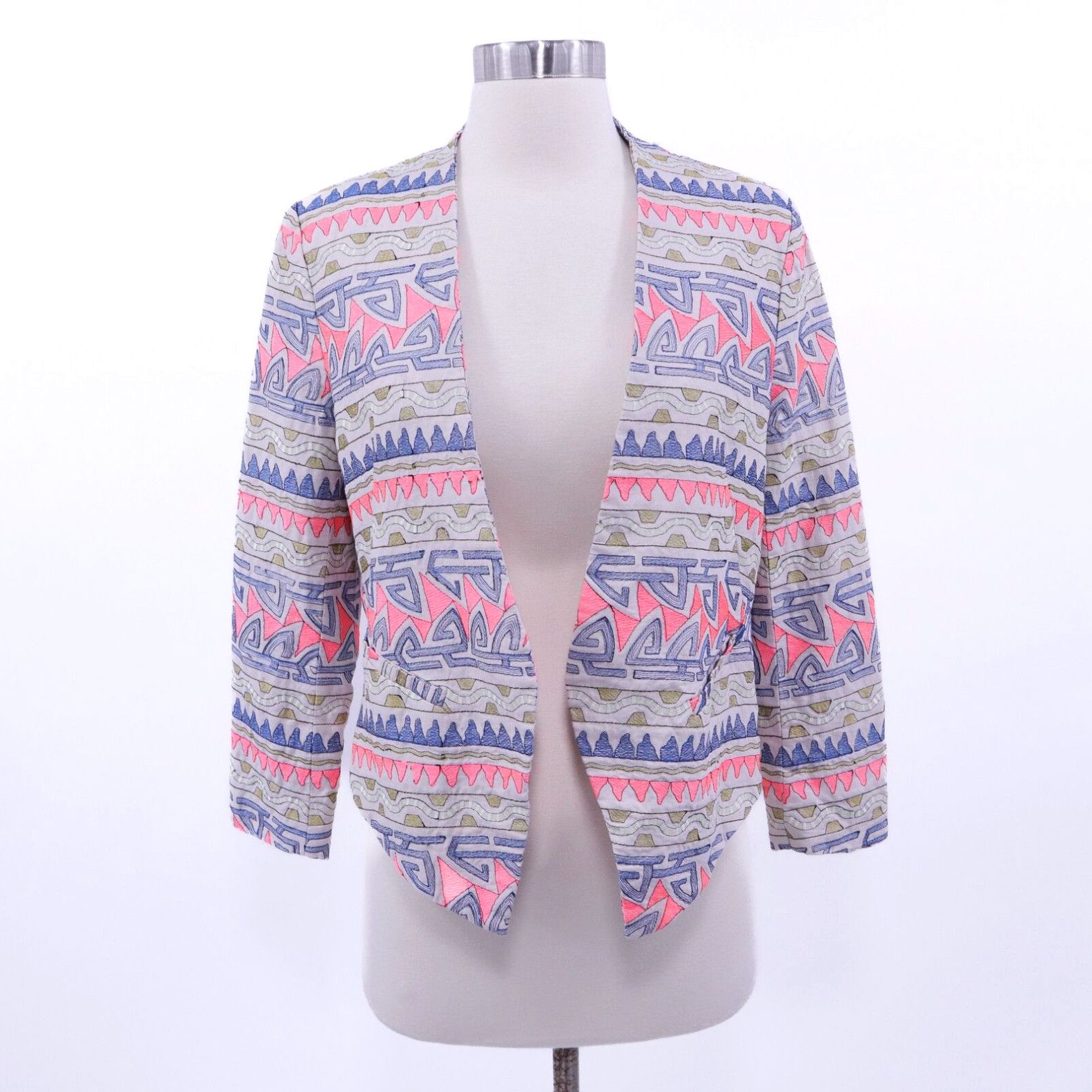 image of Parker Cropped Blazer Jacket Emmy M Medium Beige Neon Aztec Embroidered Linen in White, Women's