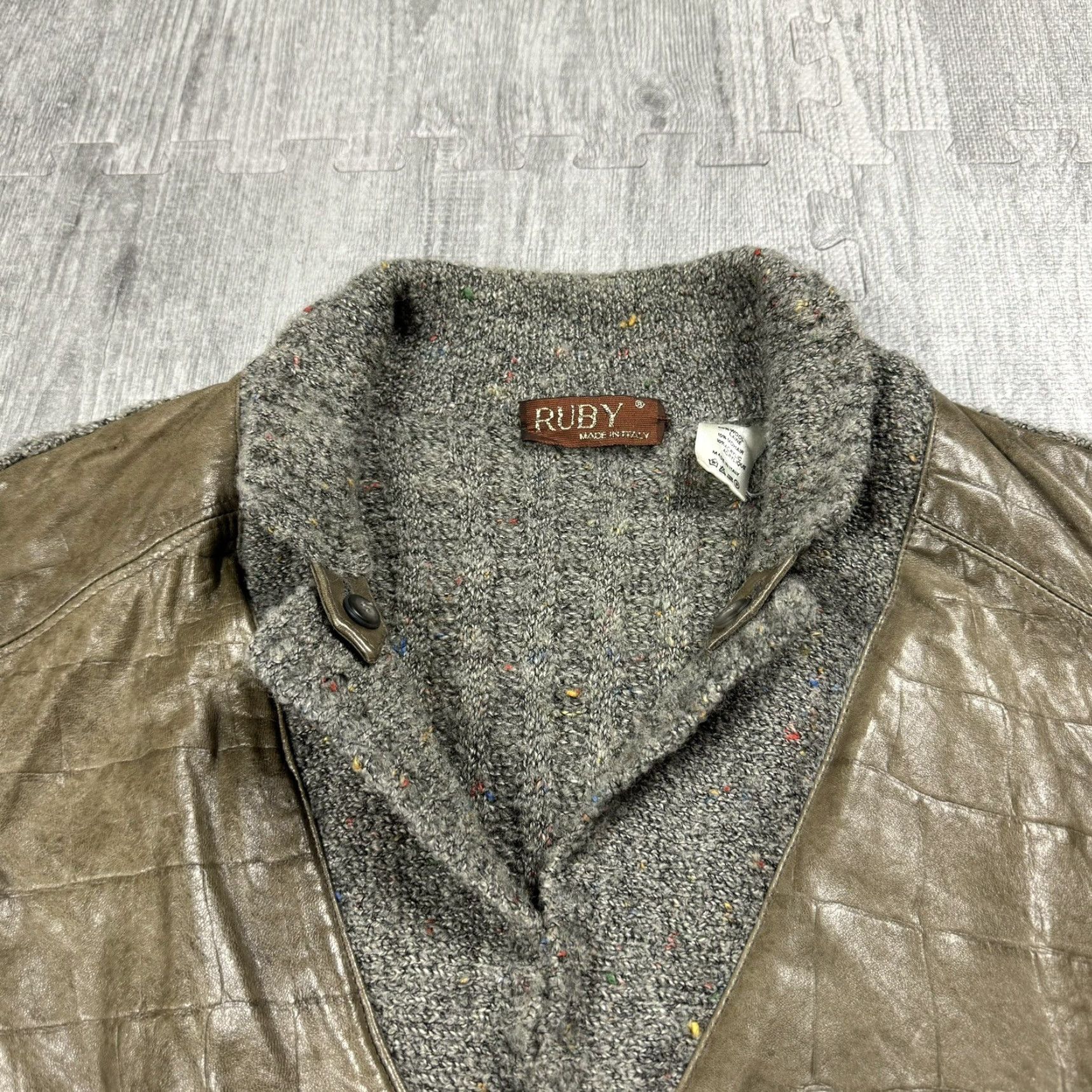 Vintage VINTAGE Ruby Leather Accent Rag Wool Mohair Cardigan Blazer Mens Italy SZ M Gray 1970s Secretary/Geek 70s Mens Size US M / EU 48-50 / 2 - 4 Thumbnail