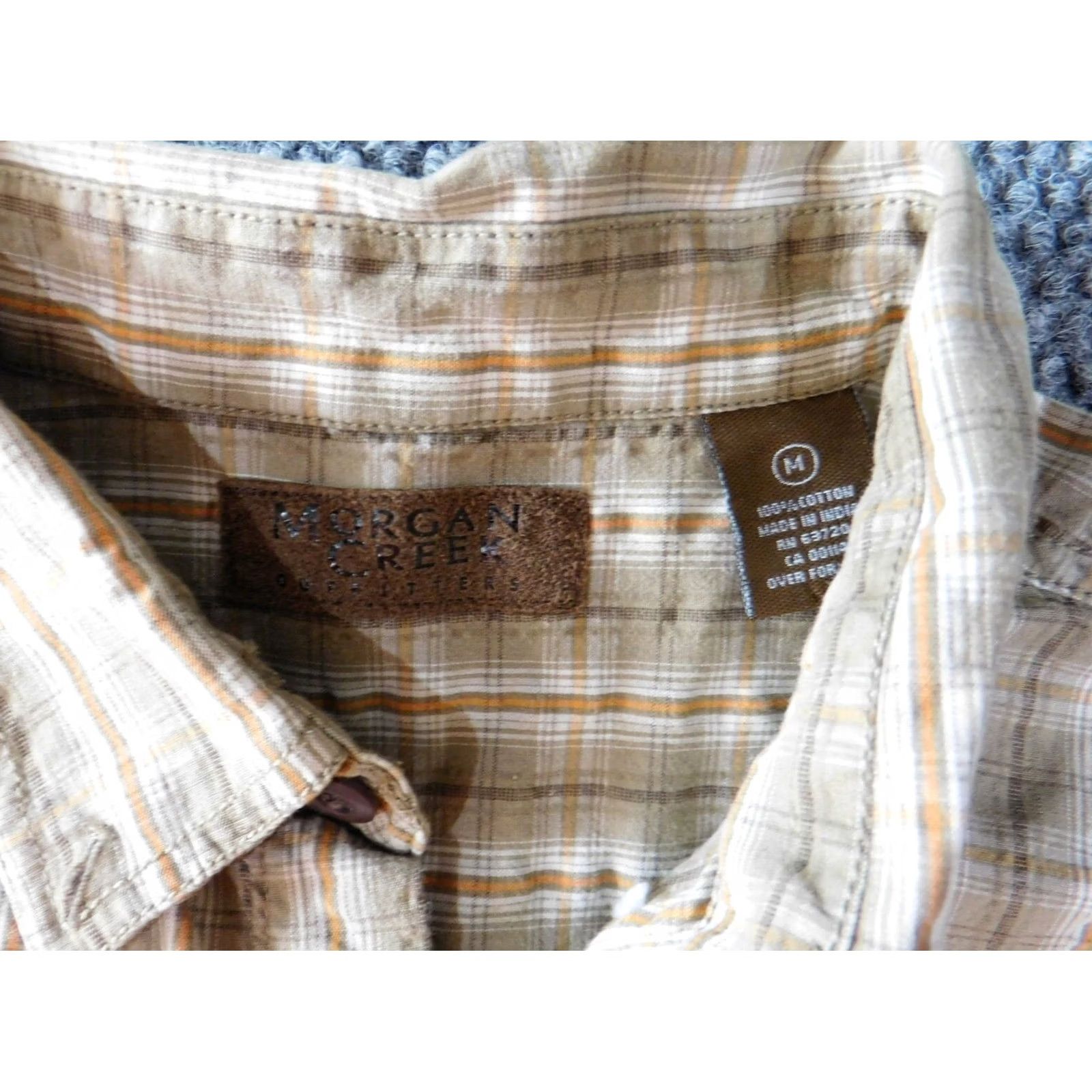 Vintage Morgan Creek Shirt Mens Medium Beige Plaid Button-Up Casual Short Sleeve Collared Knit Cotton Logo Pockets Classic Regular American Size M Size US M / EU 48-50 / 2 - 5 Thumbnail