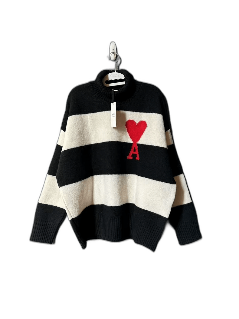 AMI Striped Turtleneck Sweater with Heart Design-yf Size US M / EU 48-50 / 2 - 1 Thumbnail