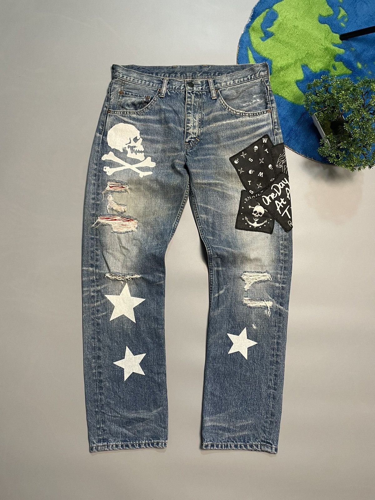 If Six Was Nine RNA Punk Skull Distressed Denim Size US 32 / EU 48 - 1 Thumbnail