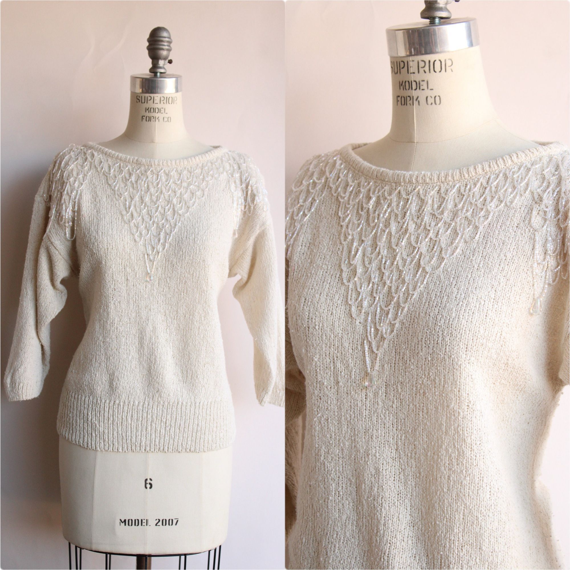 Vintage Vintage 1980s Sweater, Bonnie Boerer Ivory Pullover with Fri Size S / US 4 / IT 40 - 1 Thumbnail
