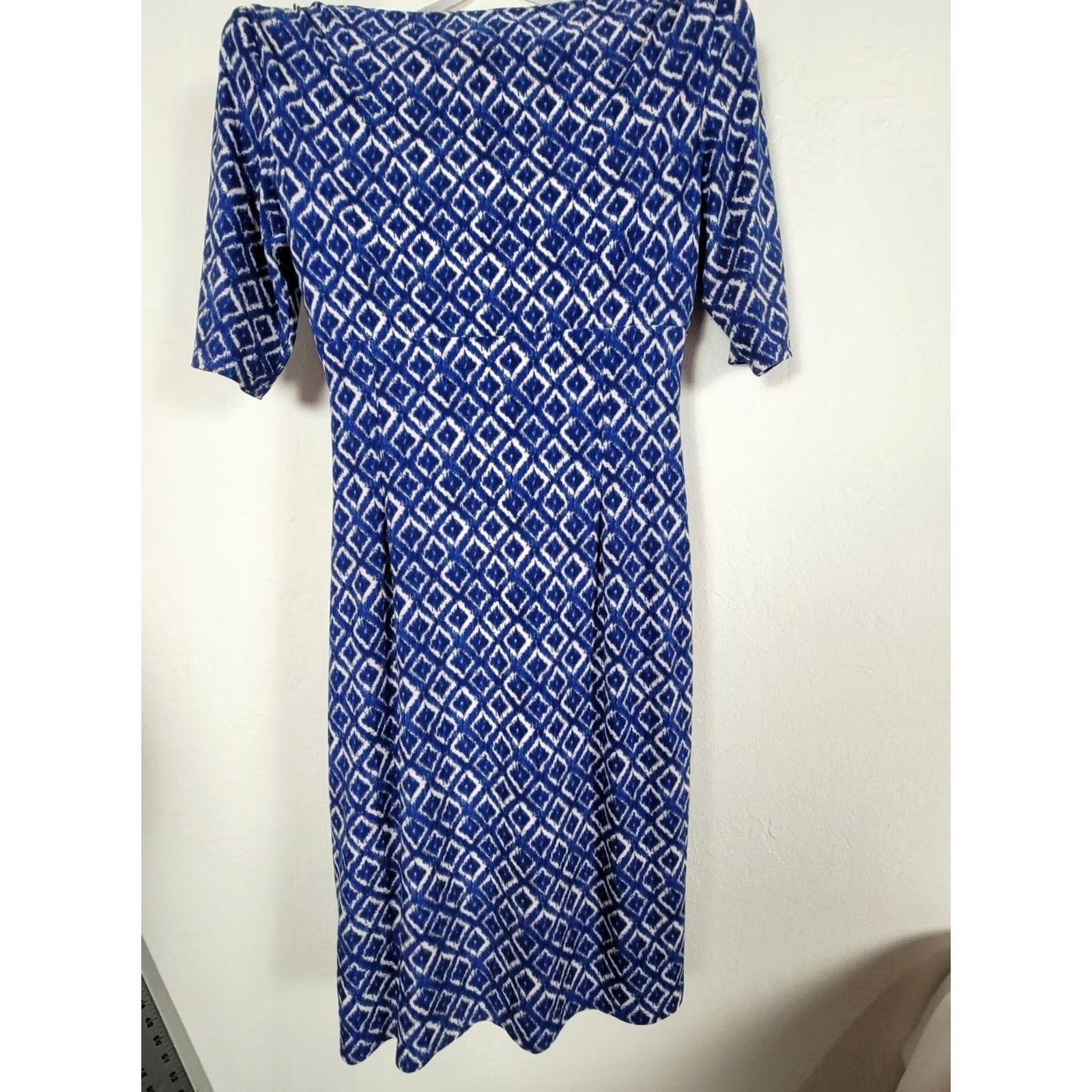 Ralph Lauren Lauren Ralph Lauren Womens Blue Ikat Faux Wrap Dress Short Sleeve Ruched Size 6 Knee Length V-Neck Pullover Dress Casual/Business Womens Size 28" / US 6 / IT 42 - 2 Thumbnail