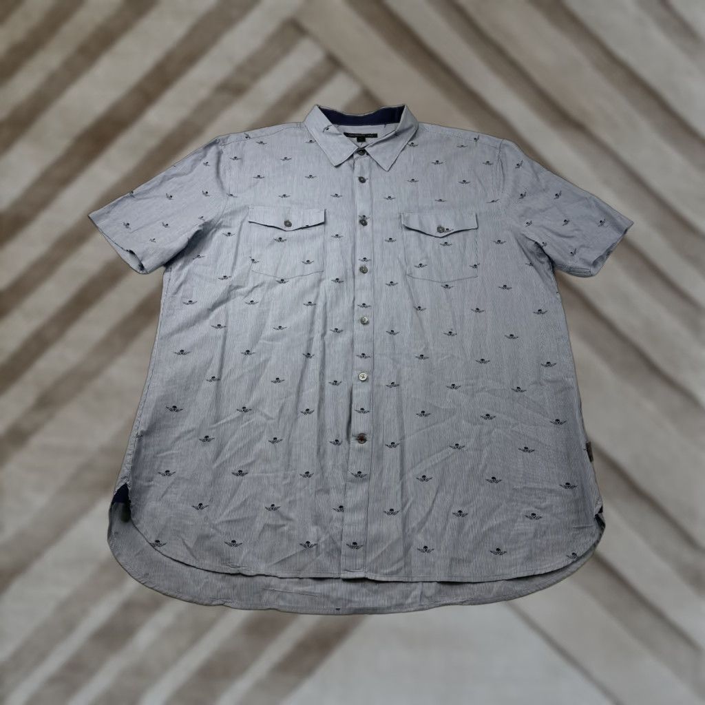 John Varvatos John Varvatos Shirt Skull Wings Print Short Sleeve Button Up Blue XL Mens Size US XL / EU 56 / 4 - 1 Thumbnail