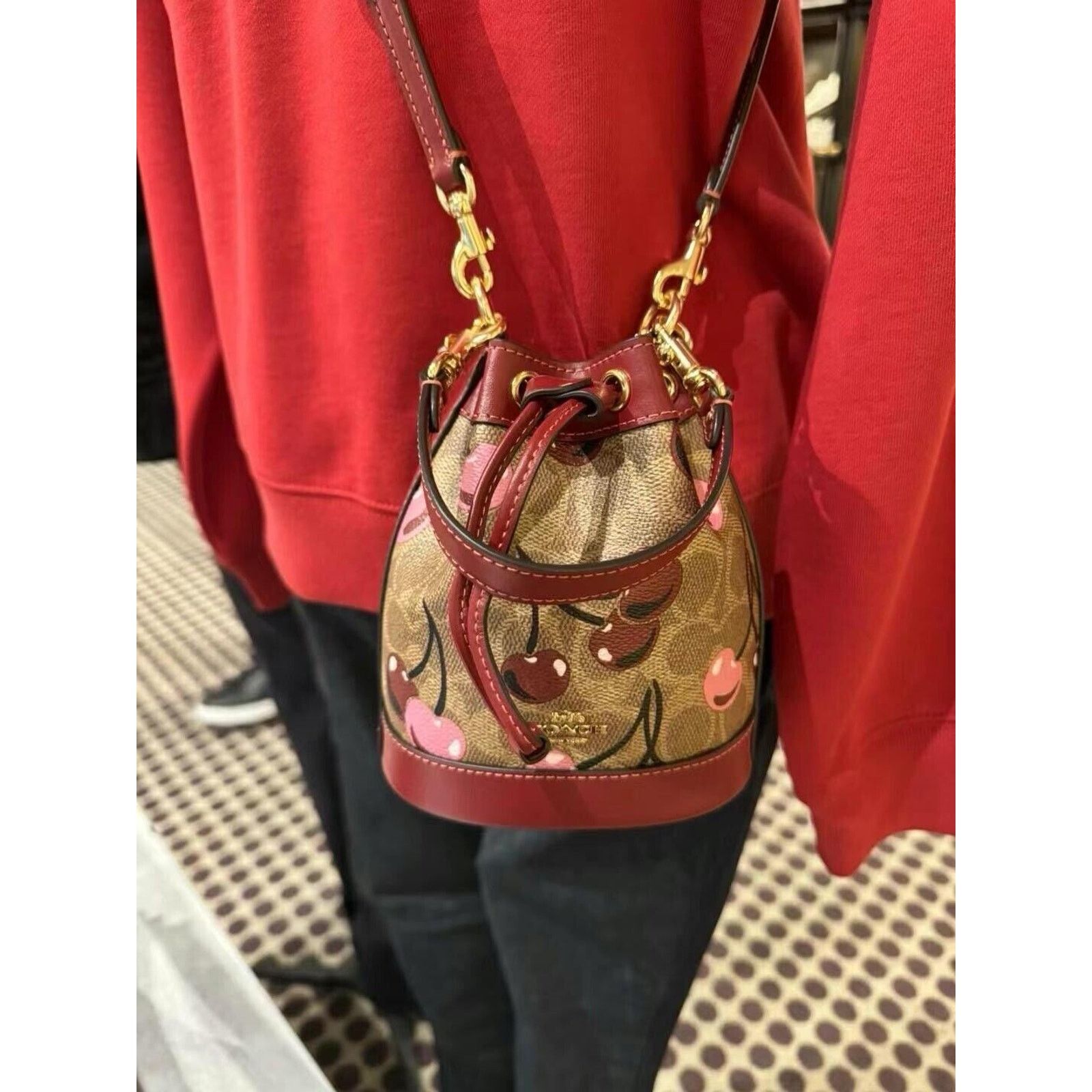 NWT Coach Mini Bucket Bag In Signature Canvas With Cherry