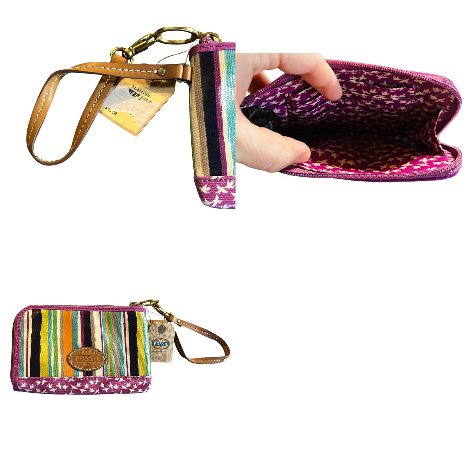 Fossil VINTAGE Fossil Purple Striped Birds Coated Canvas Leather Trim Wristlet Wallet Women NWT Size ONE SIZE - 11 Thumbnail