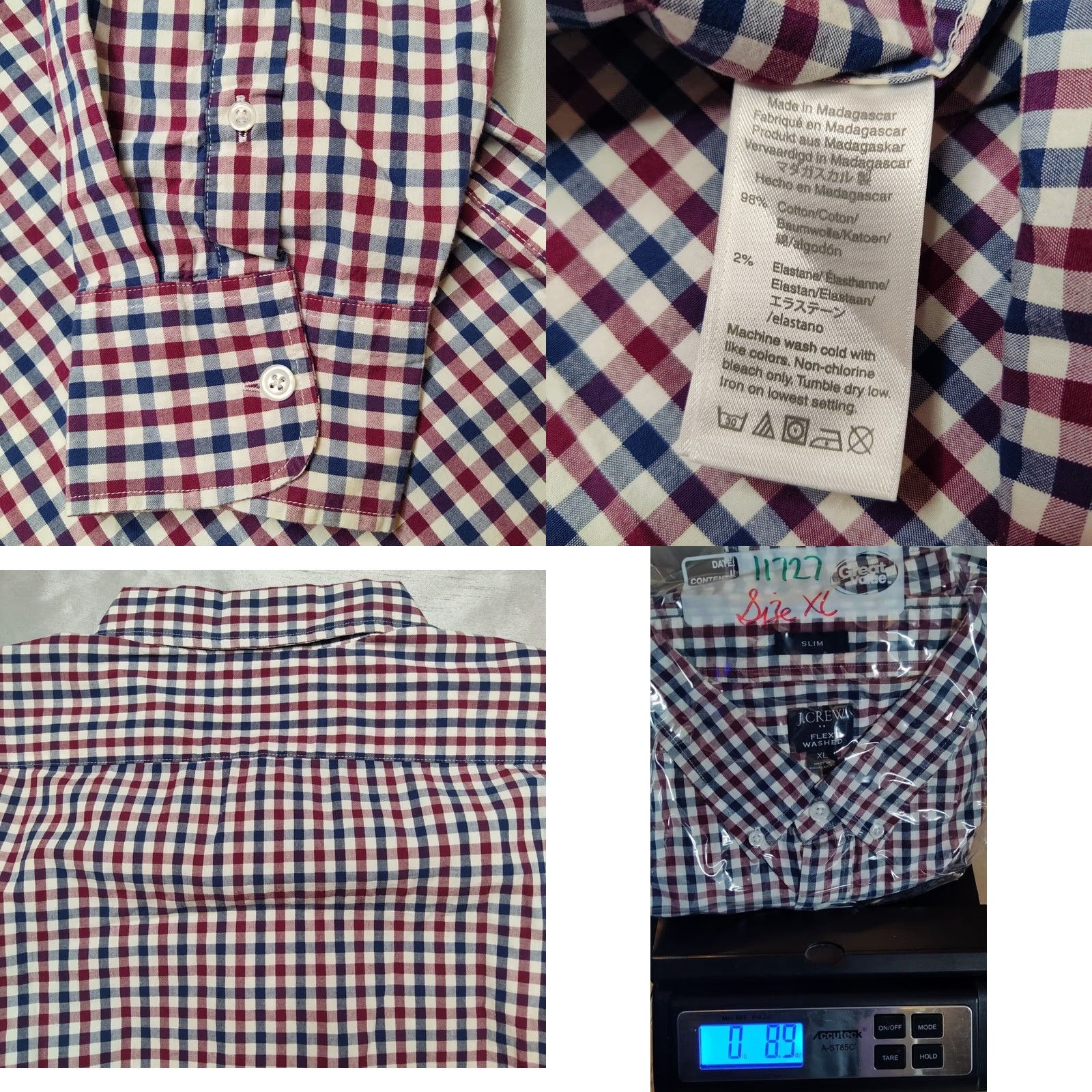 J.Crew J.CREW FLEX WASHED Slim Men XL Burgundy Blue Check L/S Button-Up Shirt Size US XL / EU 56 / 4 - 9 Thumbnail
