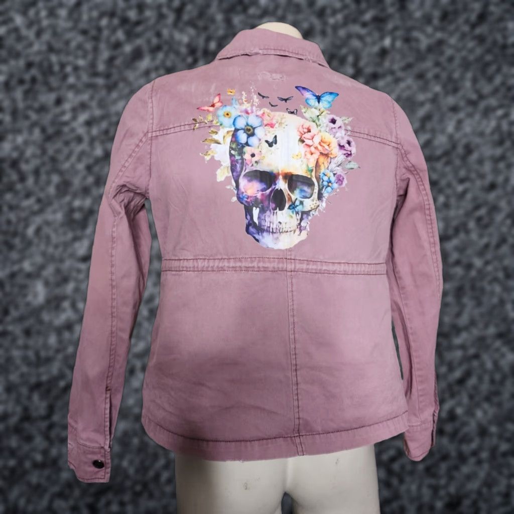 Denime VINTAGE Upcycled Pink Denim Jacket Skeleton Skull Rebellious Gardener Women's M Mauve Size M / US 6-8 / IT 42-44 - 1 Thumbnail