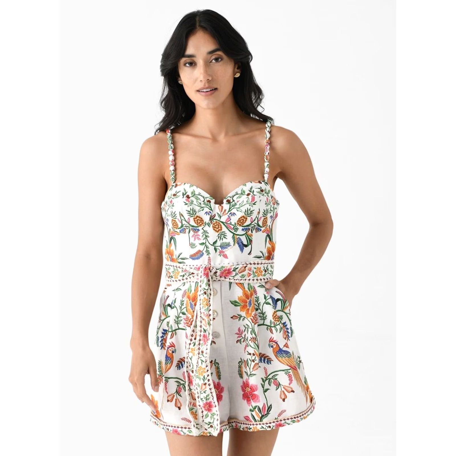 Farm Rio Farm Rio Delicate Forest Off-White Euroflax Premium Linen Romper Women's XXS NEW Size 24" / US 00 / IT 34 - 2 Thumbnail