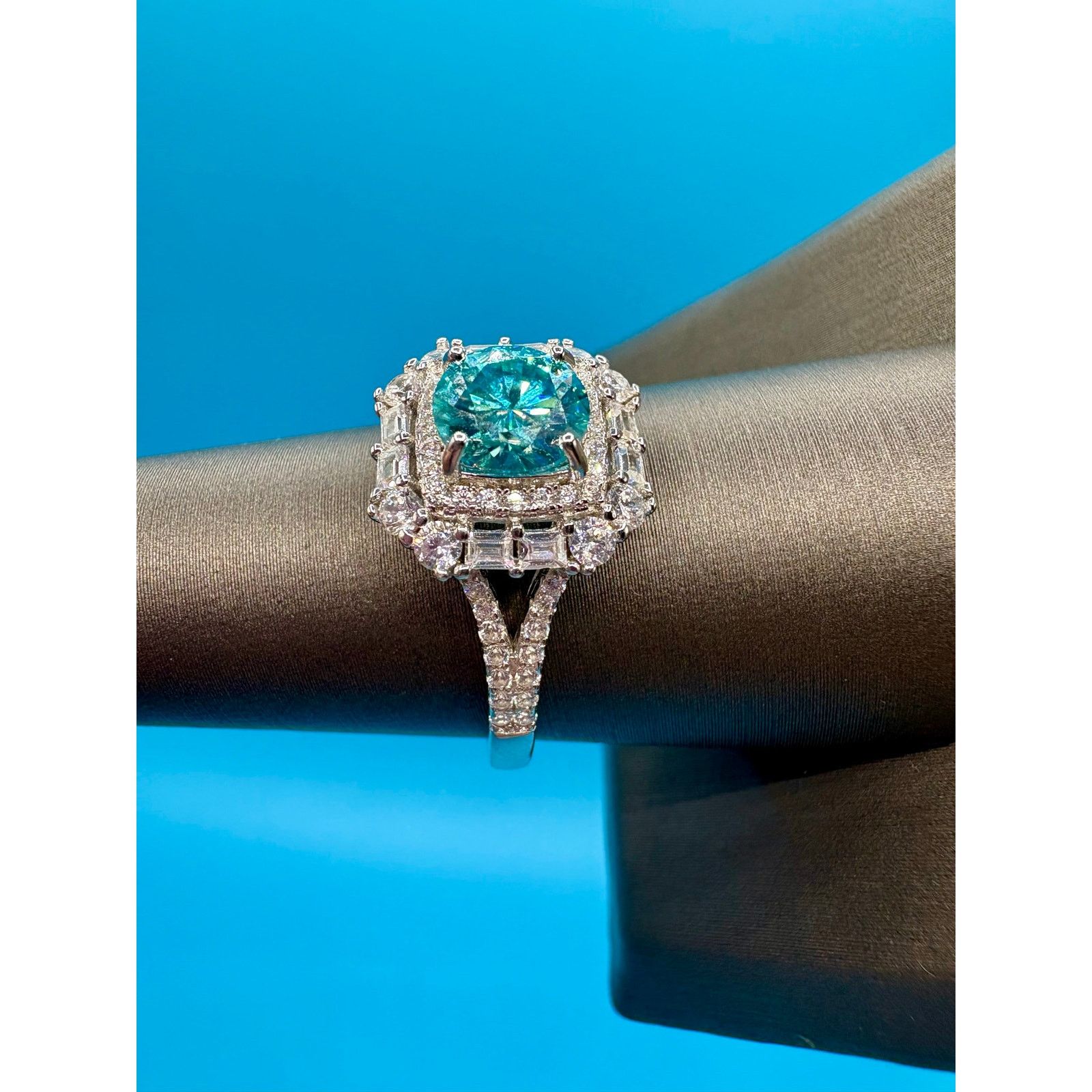 Jewelry 2ct Aquamarine & White Moissanite in 925 Sterling - Sz 8.5 Size ONE SIZE - 5 Thumbnail