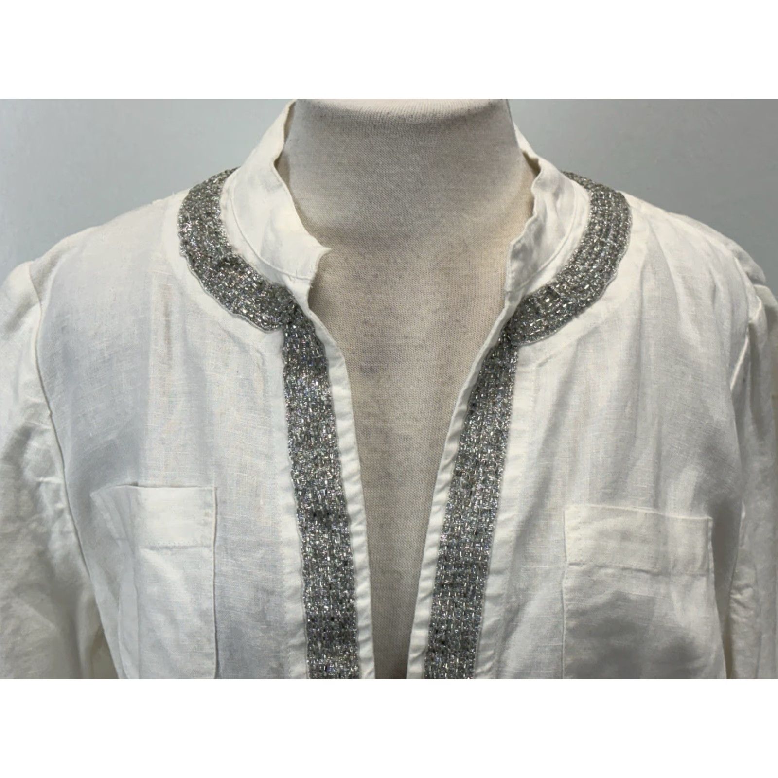 Vintage VINTAGE Chico's Linen Jacket Open Front Silver Beaded Trim Women’s Large SIZE Large Silver Beaded Trim 90s? (adjust to best) Size L / US 10 / IT 46 - 5 Thumbnail