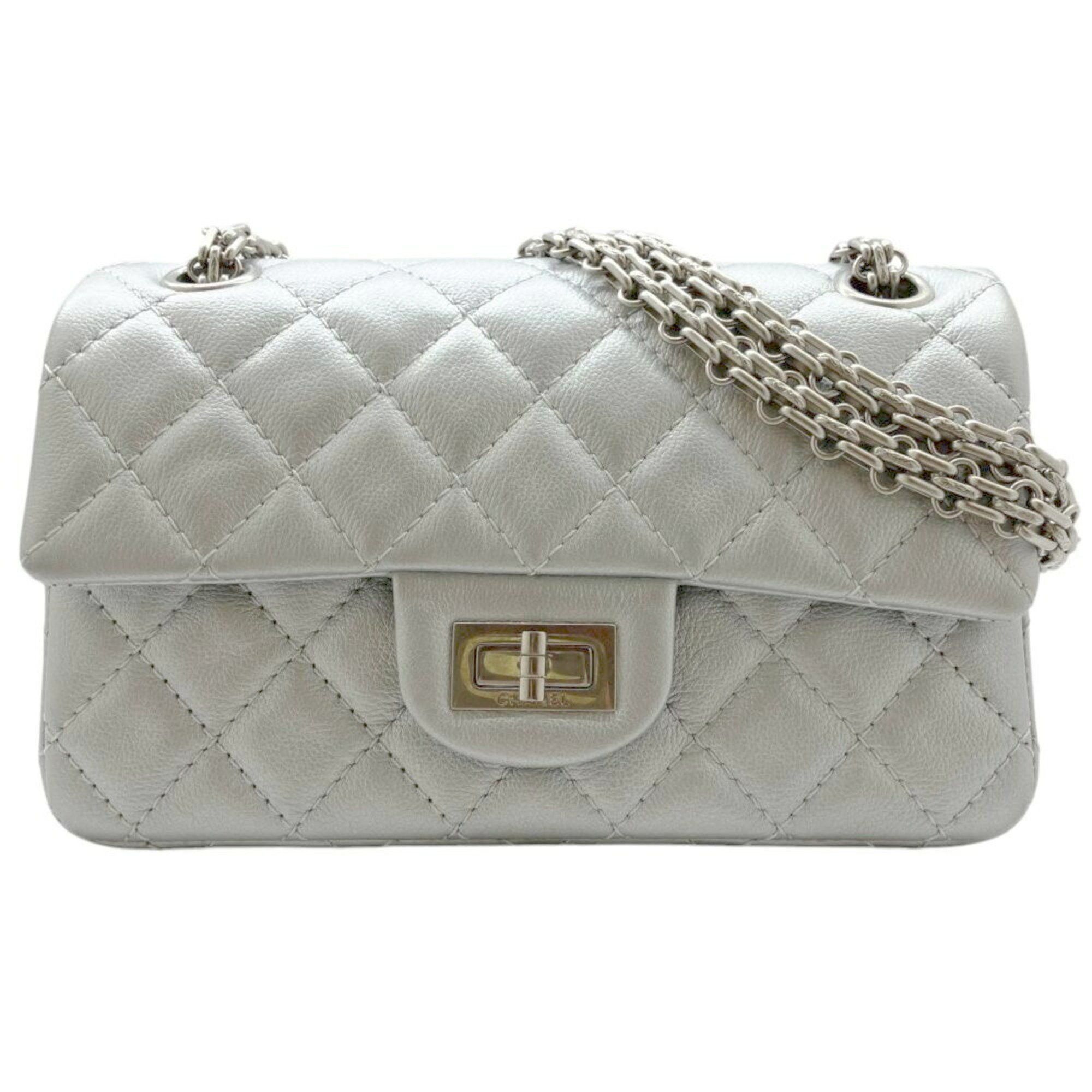Chanel 2.55 Mini Matelasse Double Chain Shoulder Leather Silver Bag Flap Women's