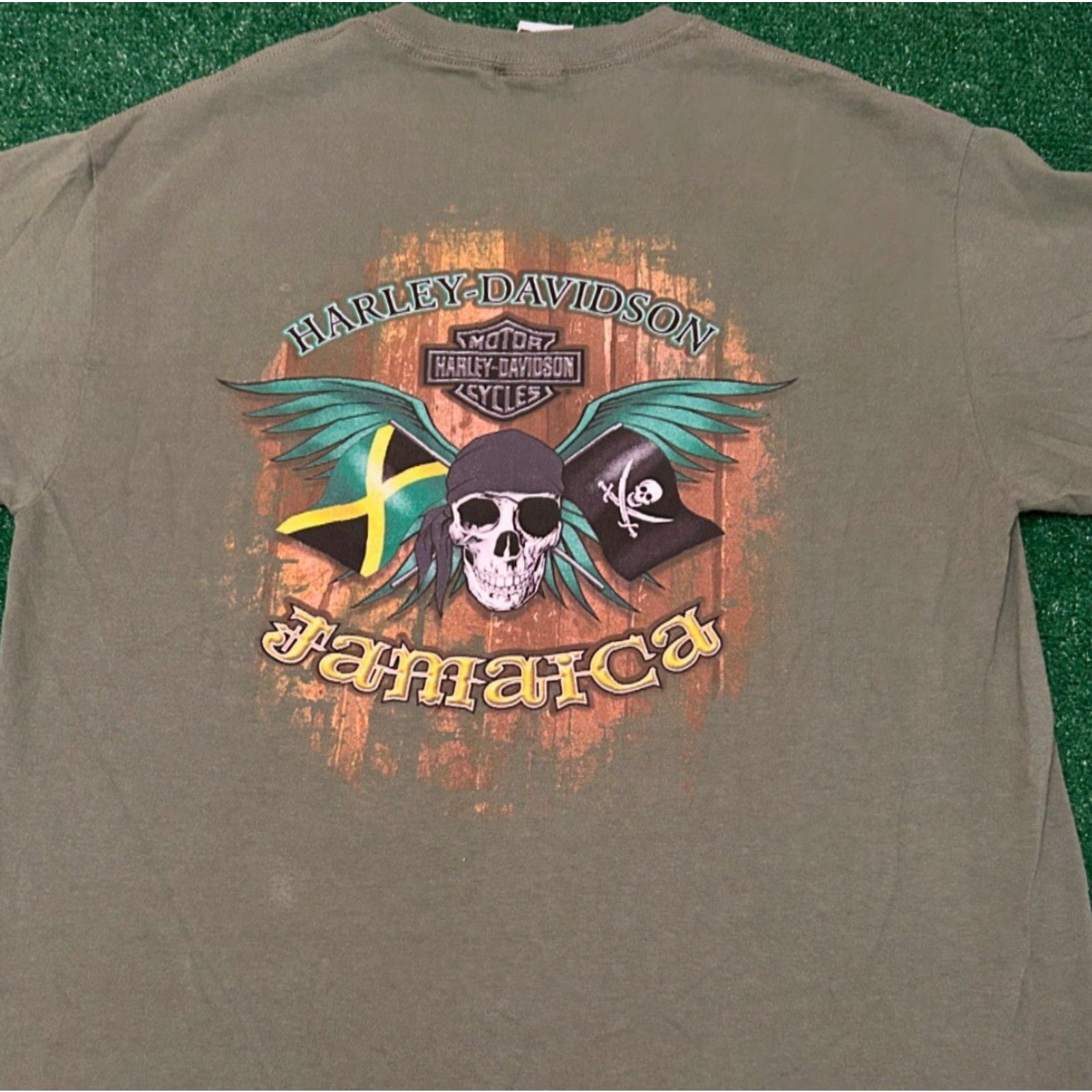 Harley Davidson VINTAGE Harley-Davidson Jamaica Biker Skull Wings VTG Shirt Mens L Green 90s Y2K Punk Grunge Hip Hop Motorcycle | Men | T-Shirt Size US L / EU 52-54 / 3 - 2 Thumbnail