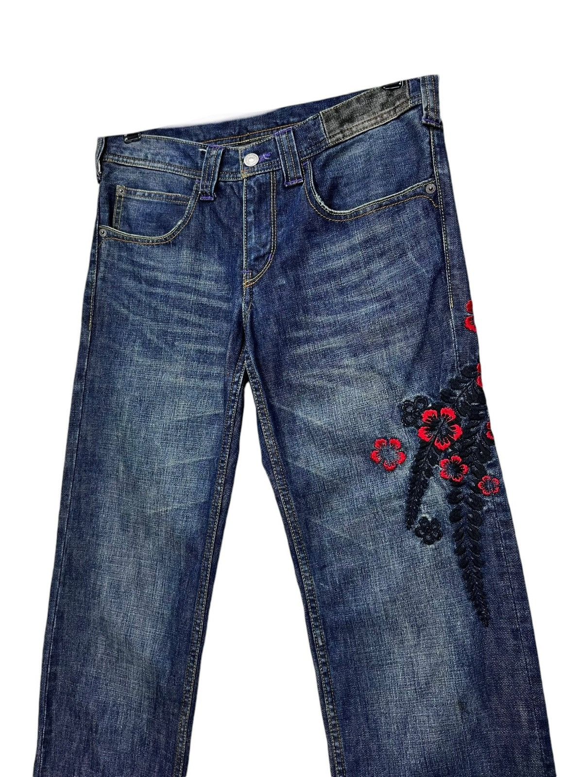 Takeo Kikuchi 🔥90’s TAKEO KIKUCHI Art Embroidery Flower Karakuri Tamashi Size US 29 - 2 Thumbnail