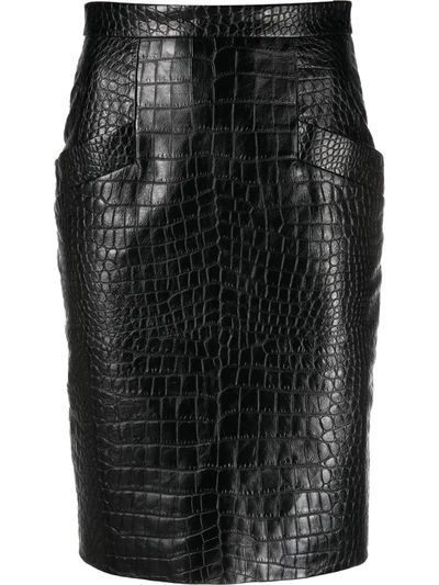 Saint Laurent Paris o1b1hav111224 Pencil Skirt Crocodile Embossed Leather Black Size 27" / US 4 / IT 40 - 1 Preview