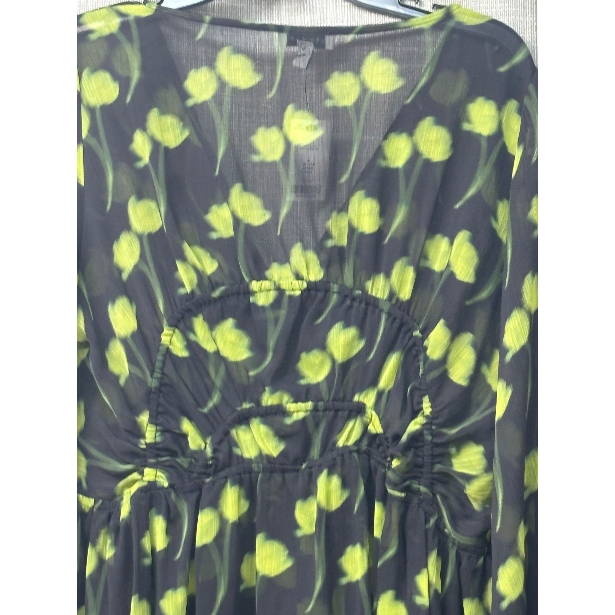 Topshop Topshop Floral Ruched Long Sleeve Dress In Medium Green, Sz. Size M / US 6-8 / IT 42-44 - 11 Thumbnail