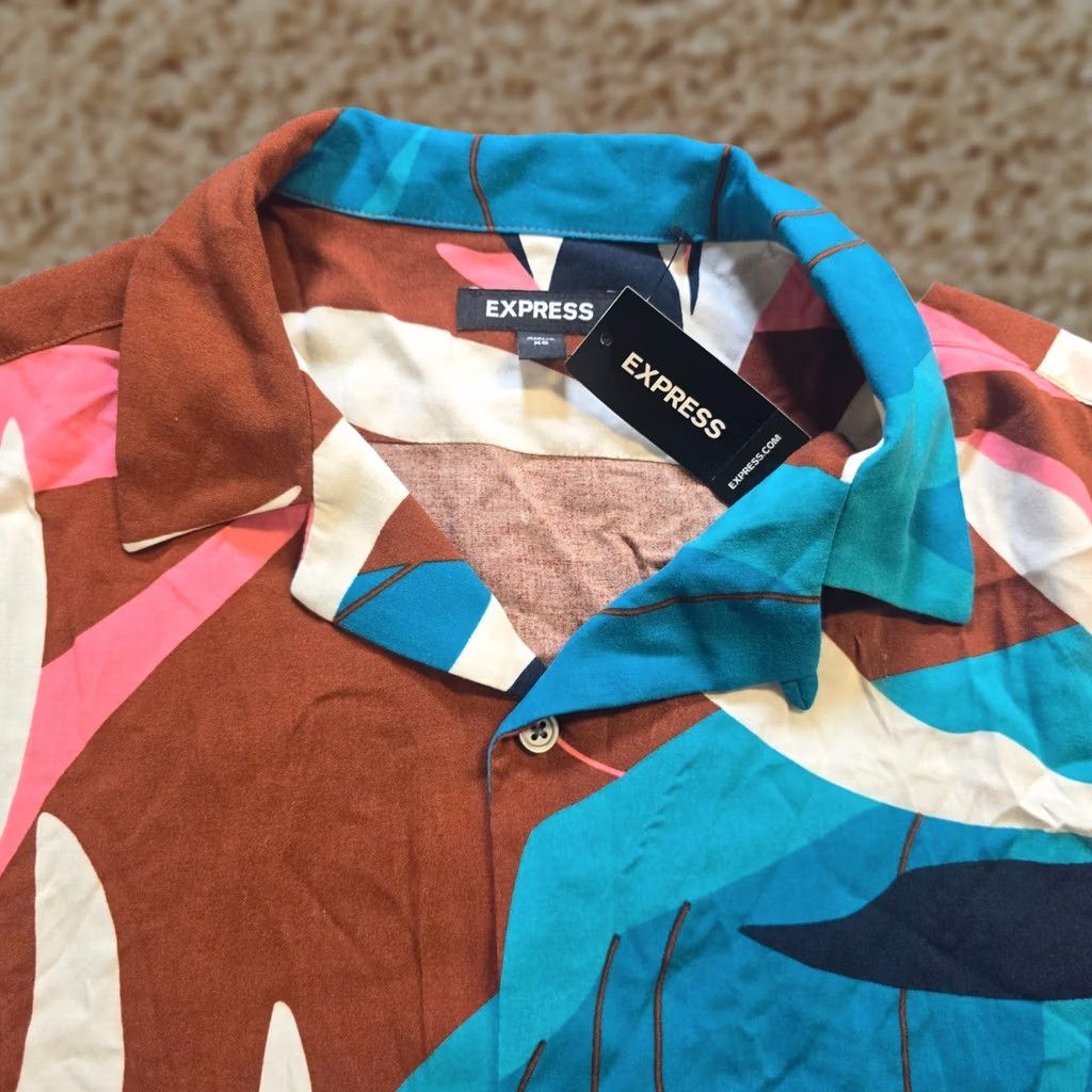 Express Express Top Womens XS Blue Brown Floral Tropical Button Casual Shirt Size XS / US 0-2 / IT 36-38 - 1 Thumbnail