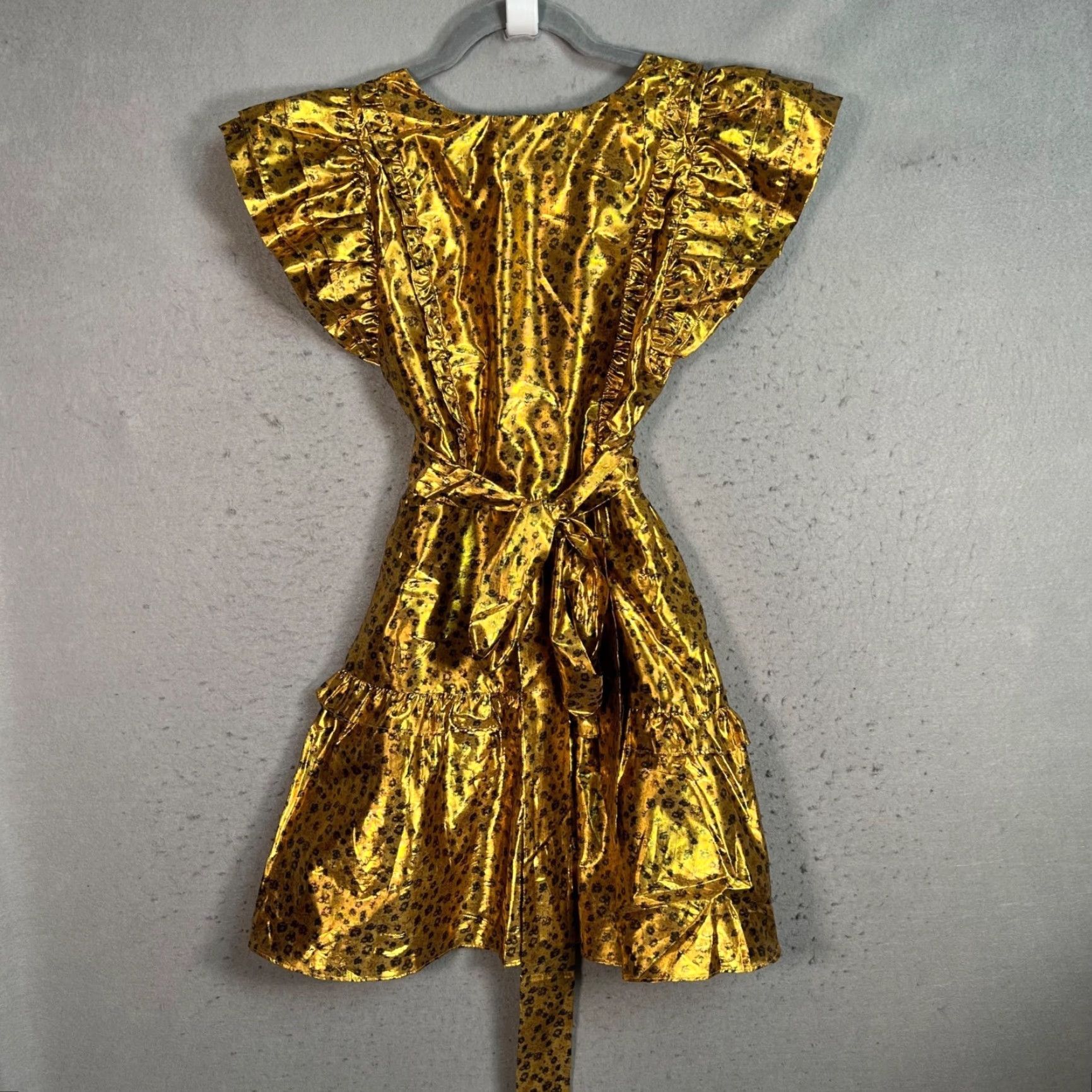 LoveShackFancy LoveShackFancy Dress Womens 4 Gold Metallic Leopard Print Ruffle Wrap A-Line Mini Party/Cocktail Short 4 Womens Gold Leopard Print Size S / US 4 / IT 40 - 2 Thumbnail