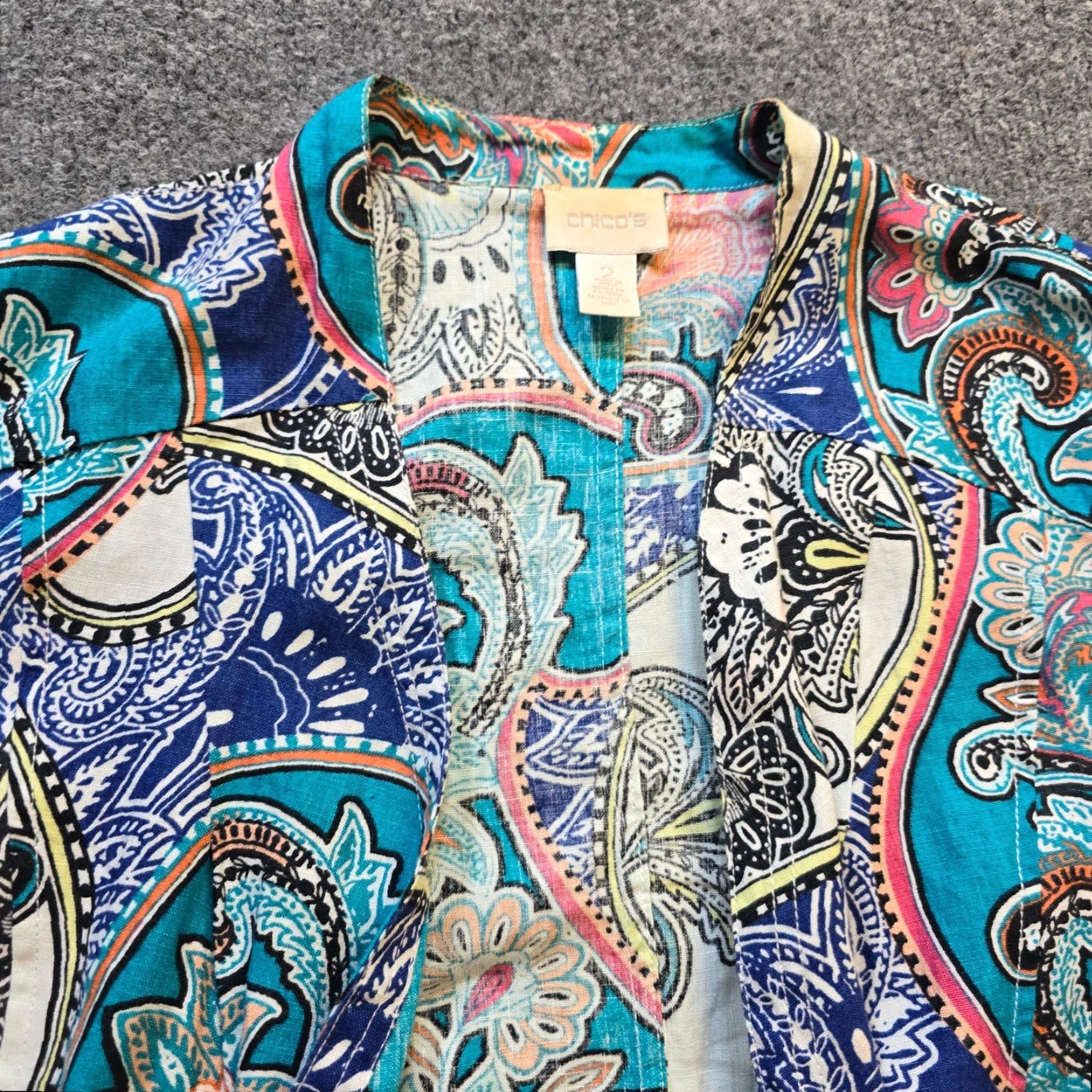Vintage Chicos Jacket Womens Large Blue Paisley Linen 3/4 Sleeve Open Blazer Casual Size L / US 10 / IT 46 - 2 Thumbnail
