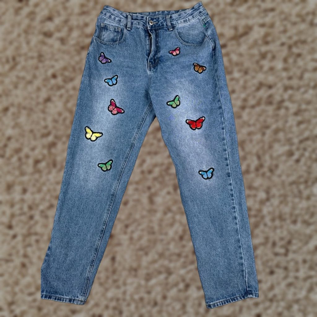 Vintage Jeans Womens 29 Blue Denim Straight Leg High Rise Butterfly Patches 29x29 Cotton Size 29" - 1 Thumbnail